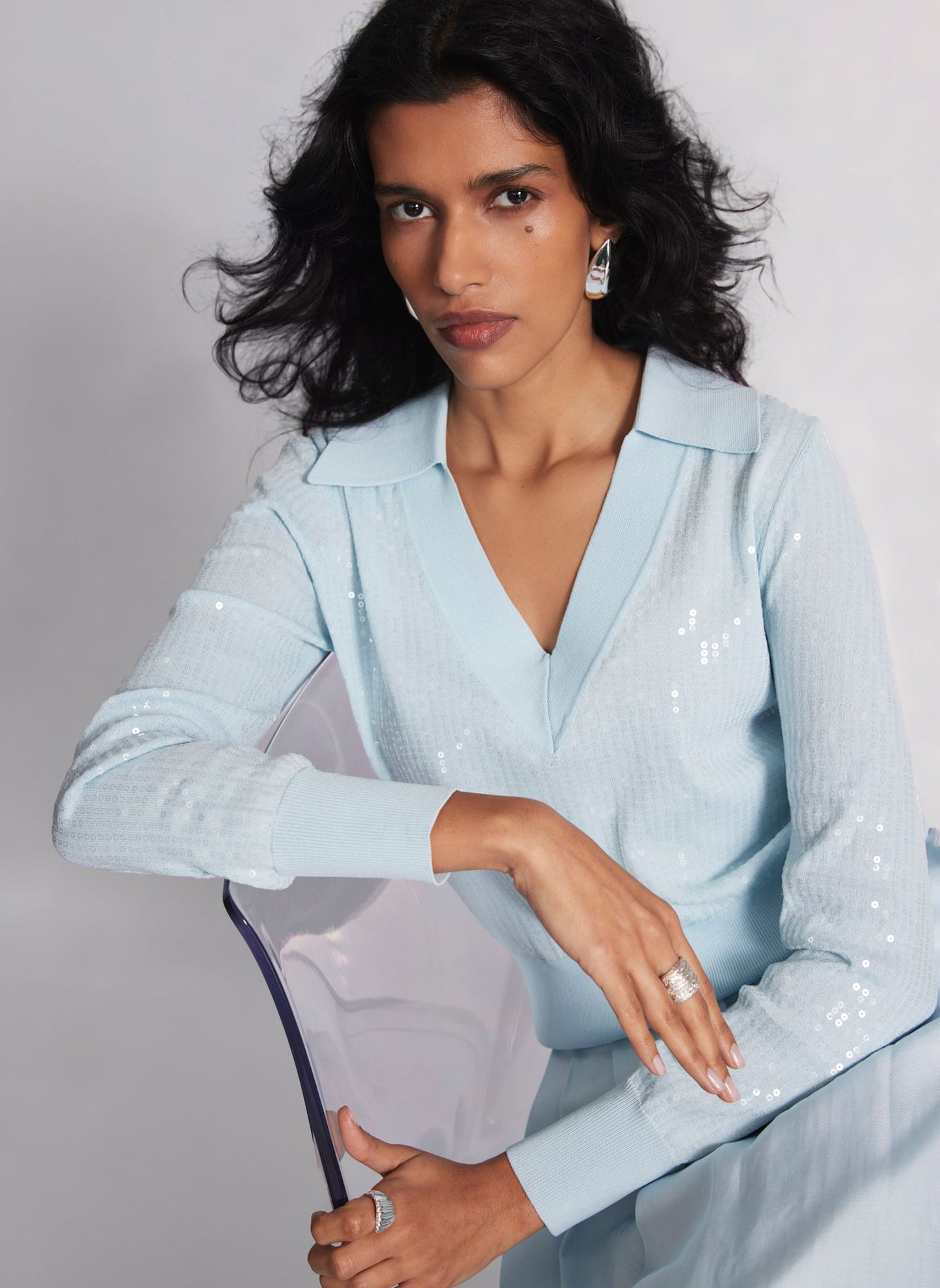 Blue Sequin Knit Polo Top