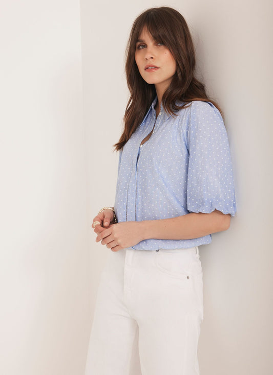 Blue Stripe Polka Heart Puff Sleeve Shirt