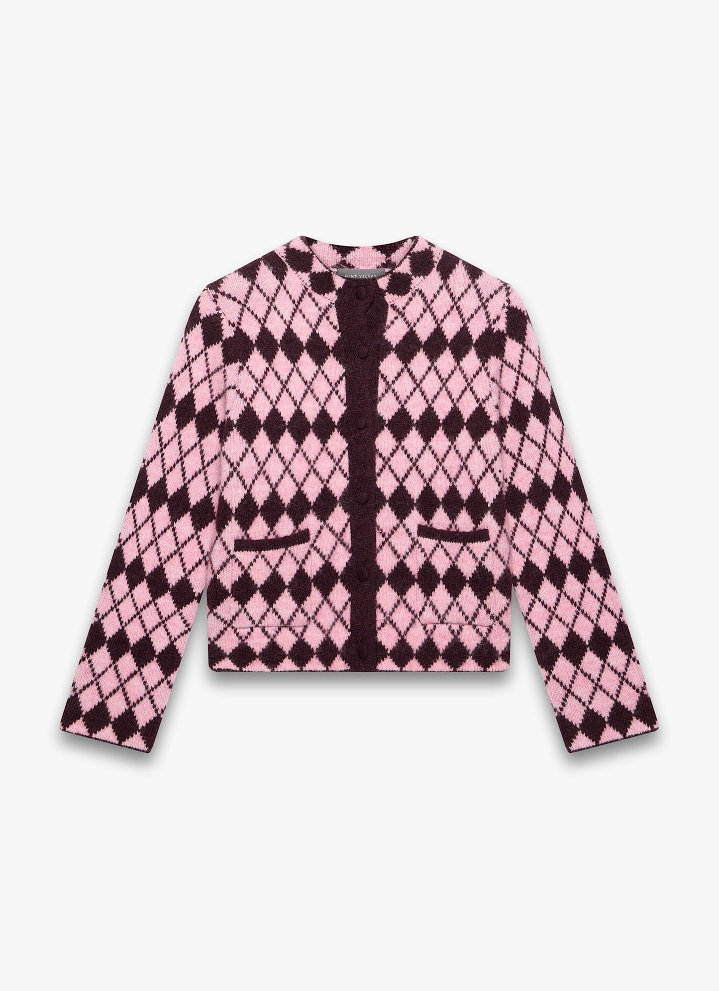 Burgundy Wool Blend Argyle Knit Cardigan
