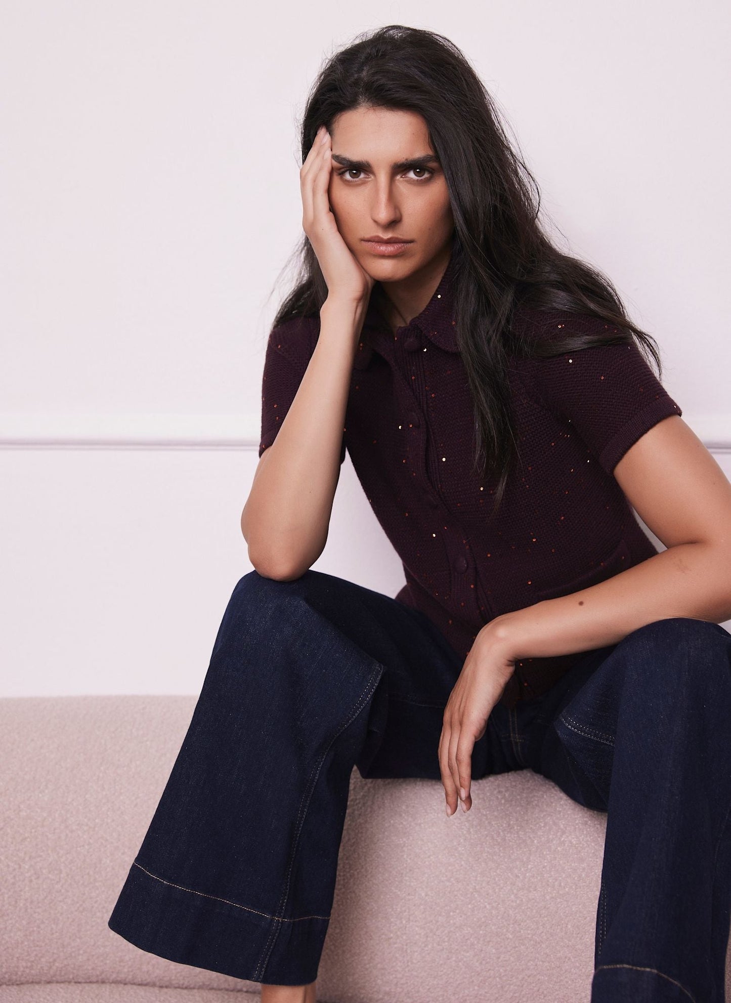 Burgundy Sequin Cotton Blend Cardigan