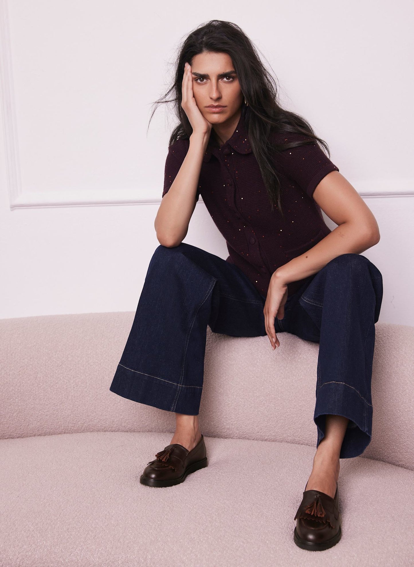 Burgundy Sequin Cotton Blend Cardigan