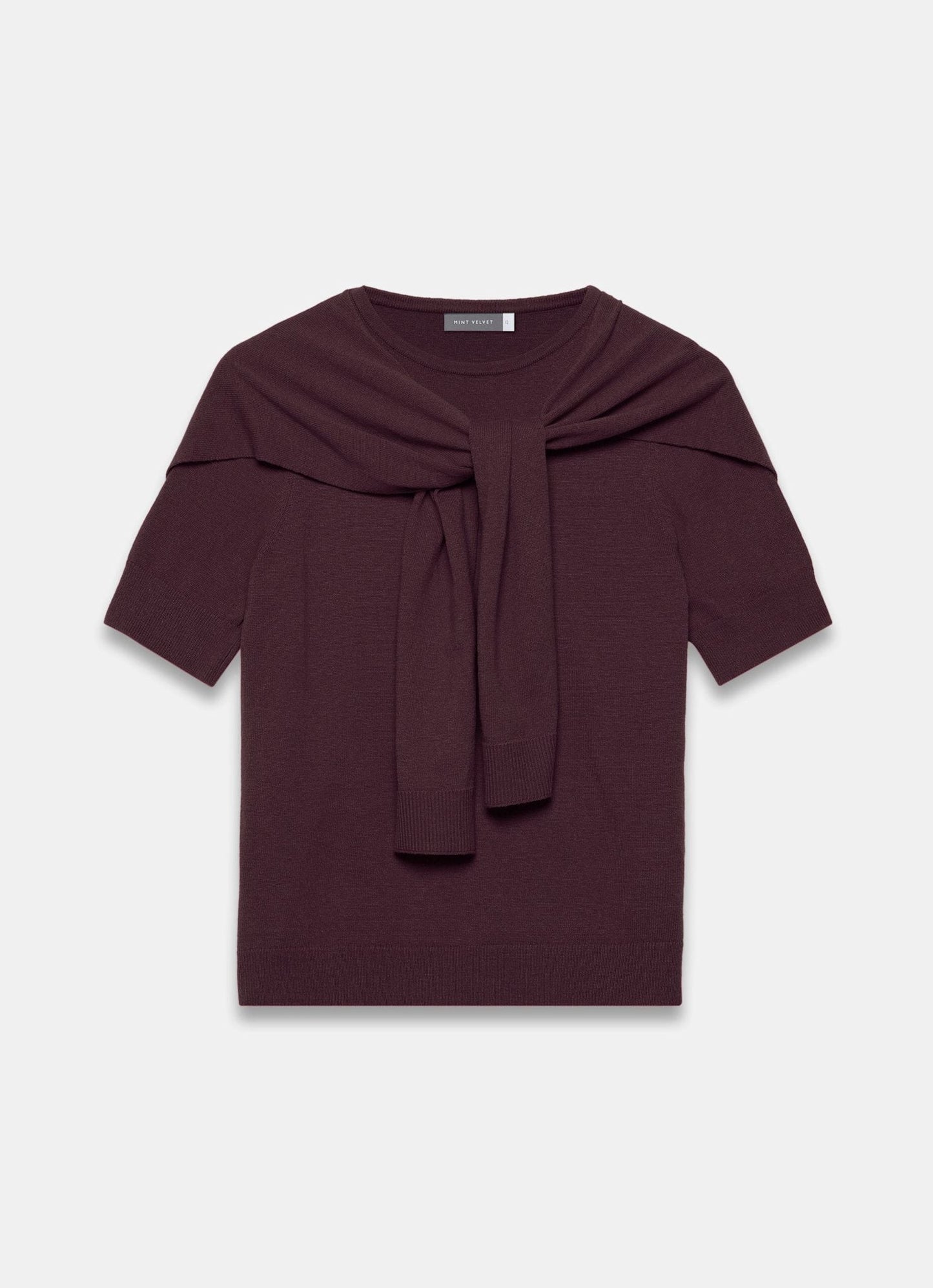 Burgundy Cotton Blend Scarf Detail Knit Top