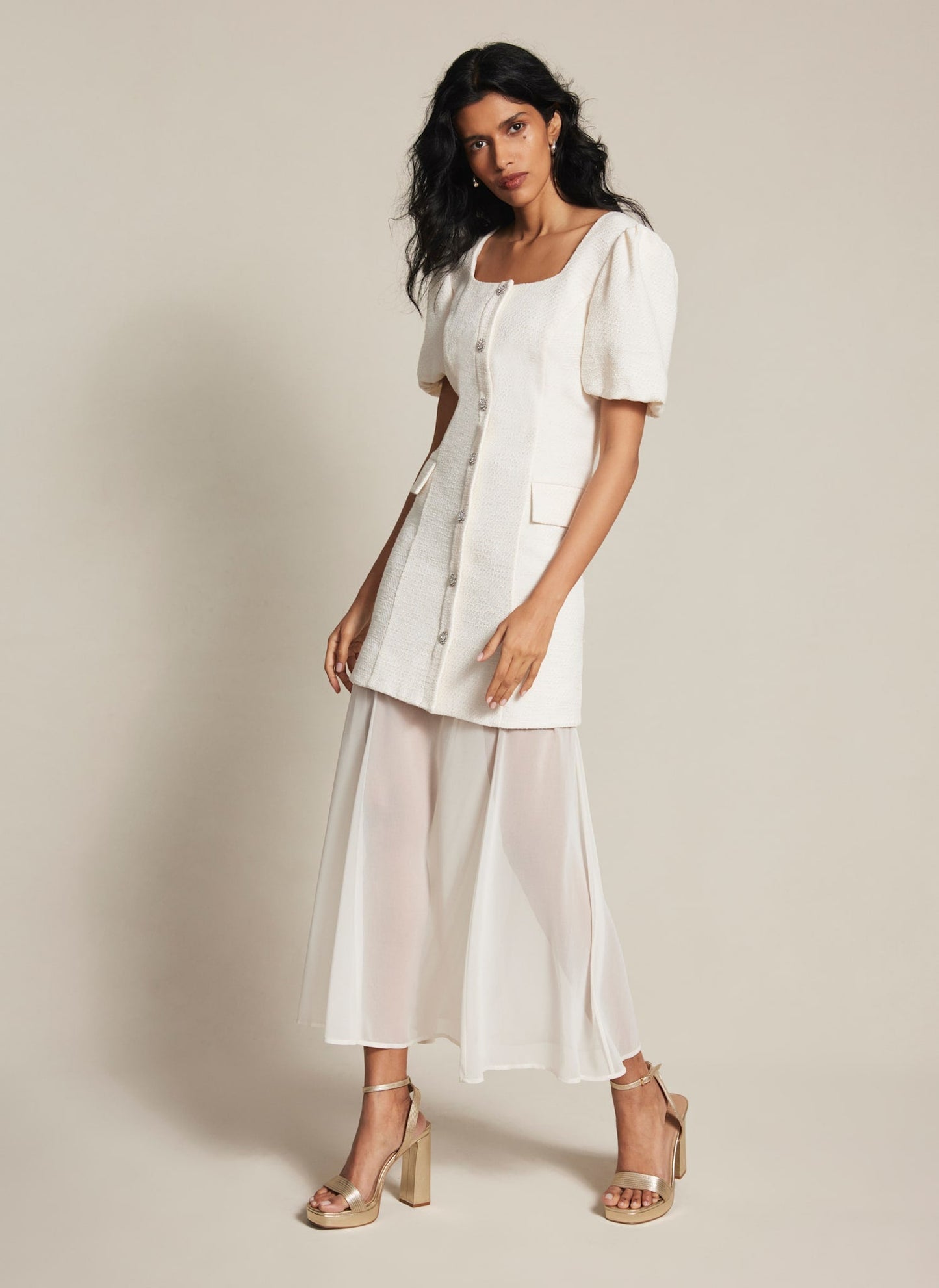 Cream Boucle Sheer Hem Maxi Dress