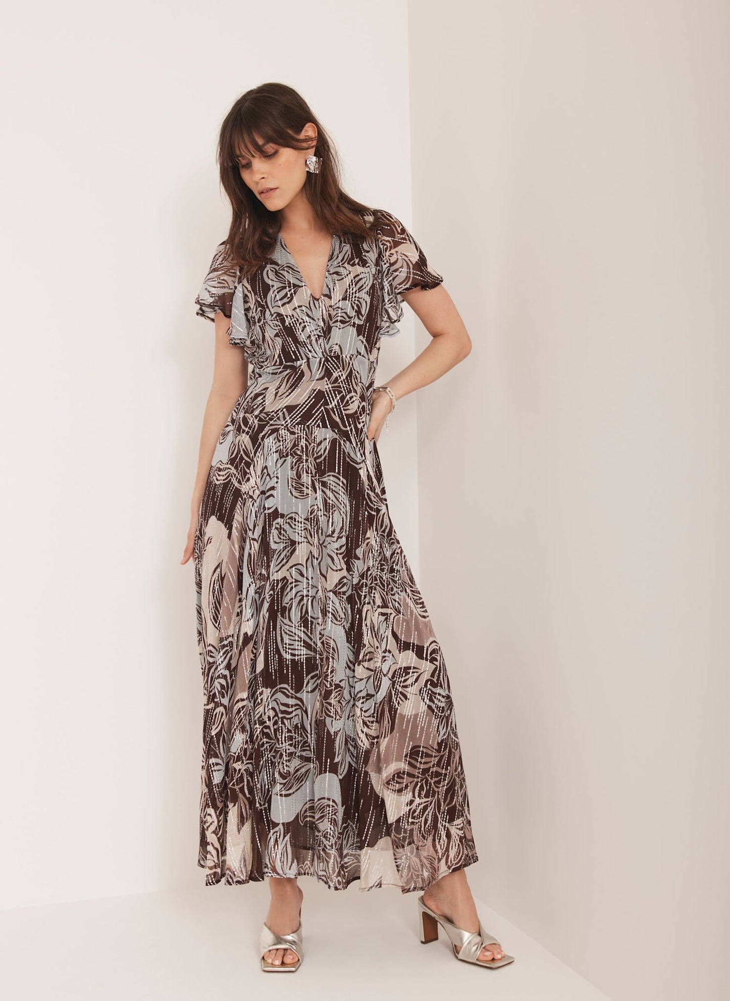 Brown Floral Print Maxi Dress
