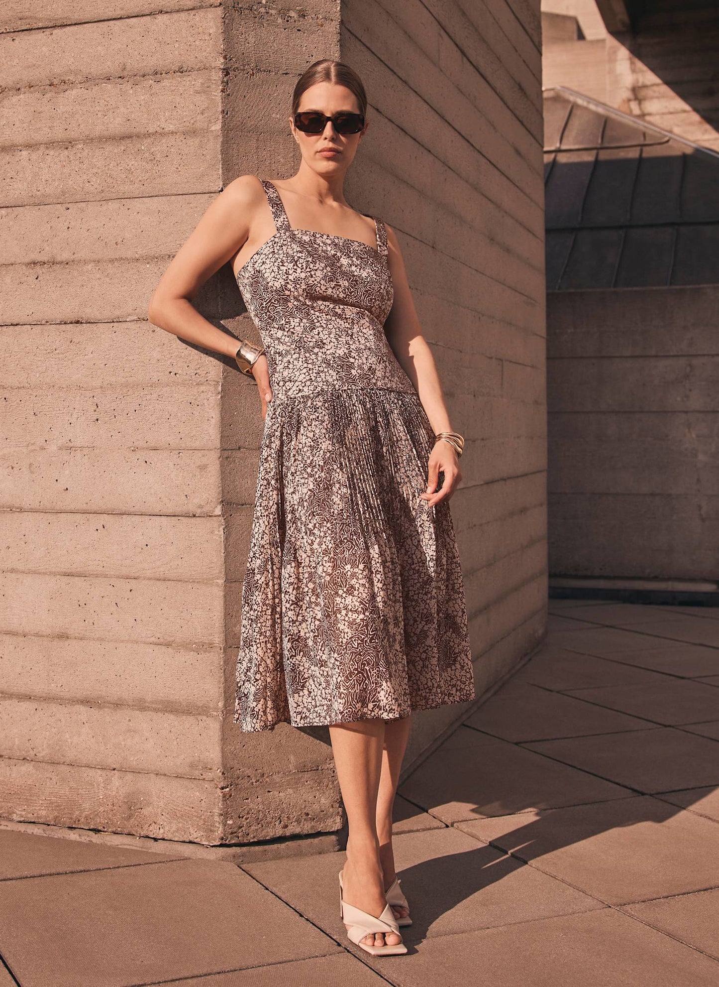 Brown Floral Print Midi Dress