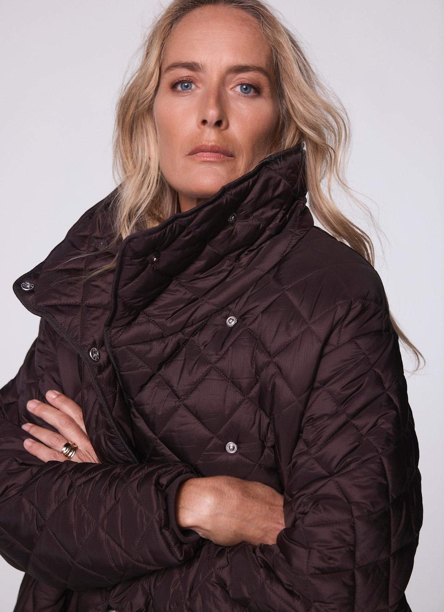Brown Quilted Funnel Neck Coat