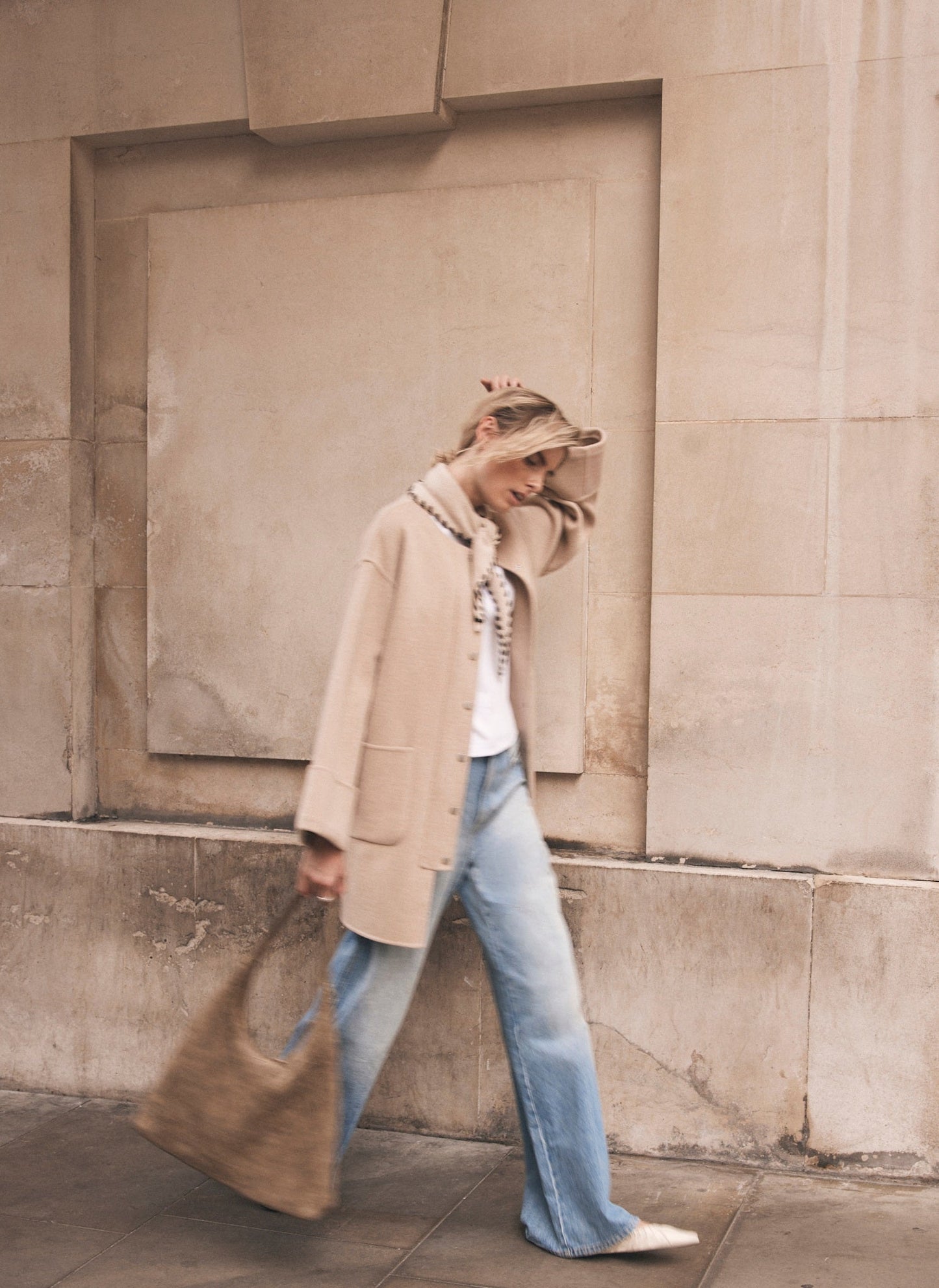 Neutral Wool Blend Hand Finished Collarless Coat