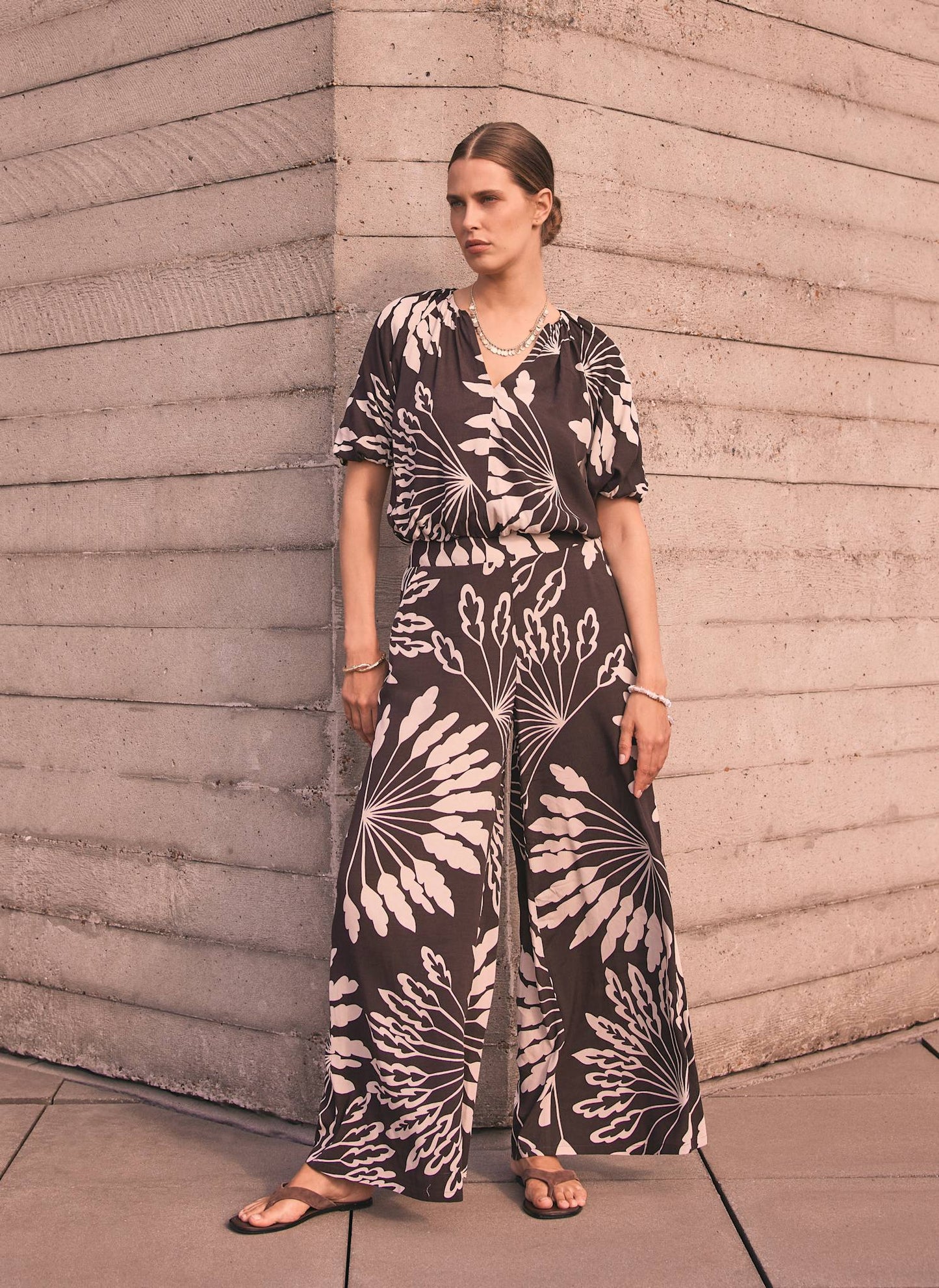 Brown Palm Print Wide Trousers