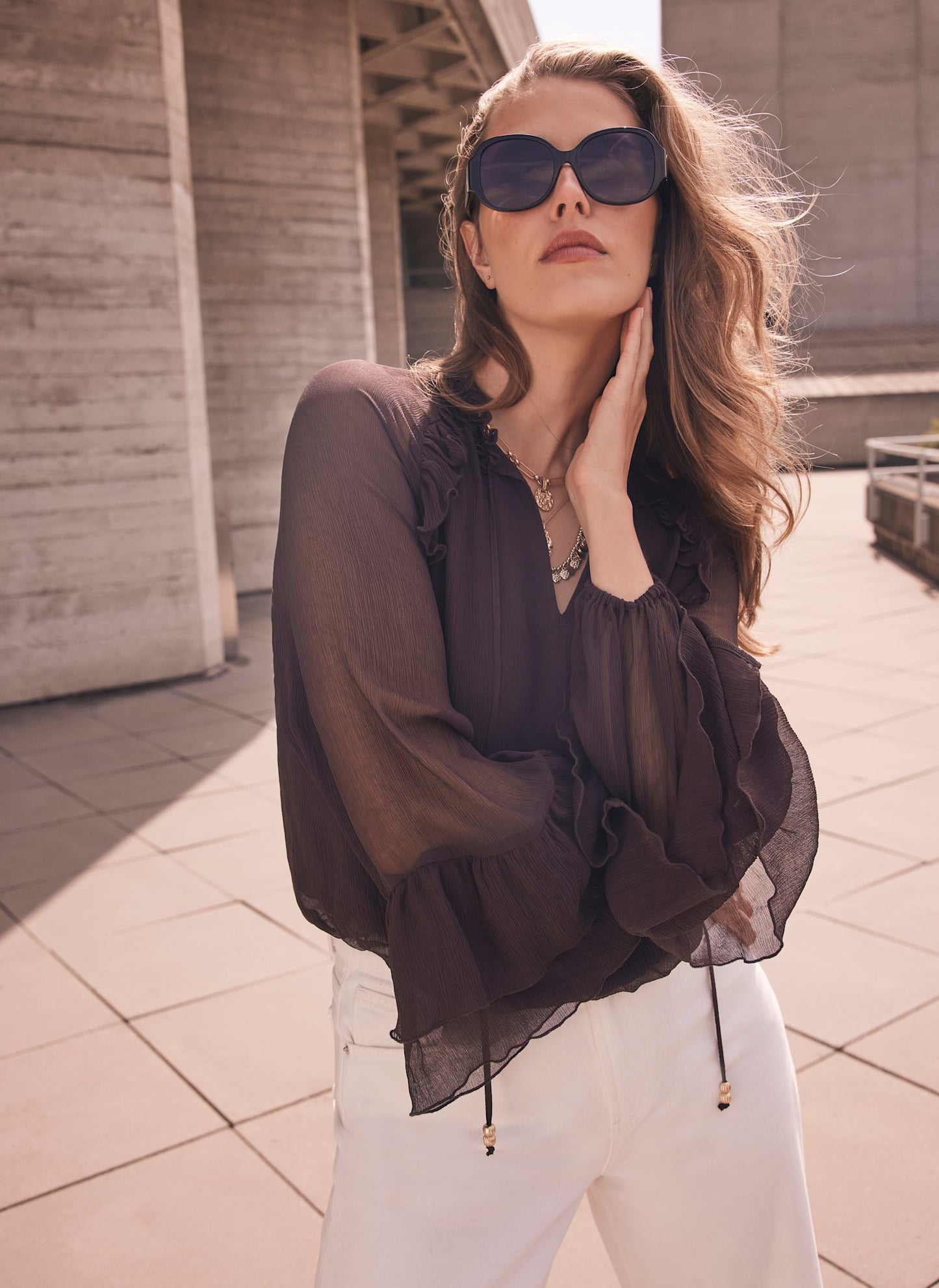 Brown Ruffle Detail Blouse
