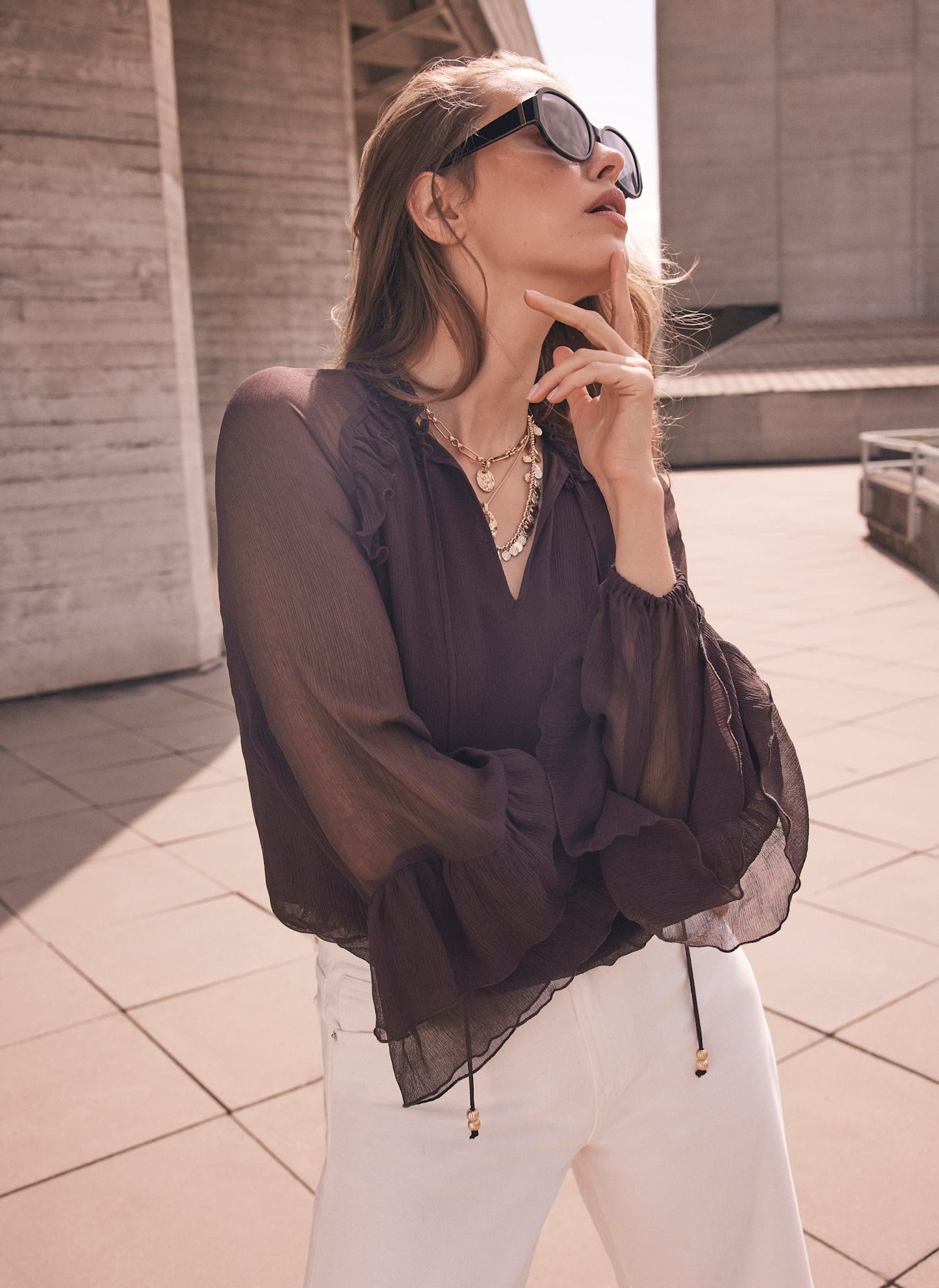 Brown Ruffle Detail Blouse