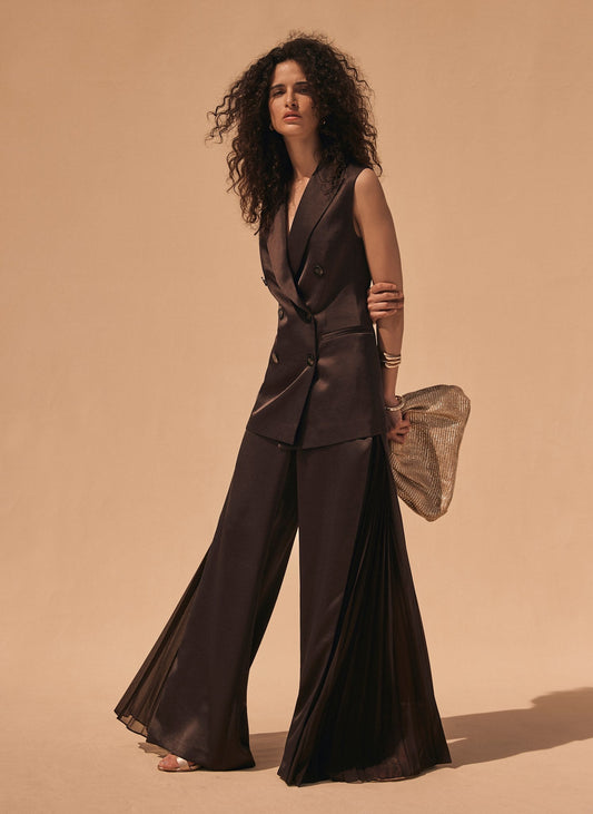 Brown Satin Side Pleat Wide Trousers