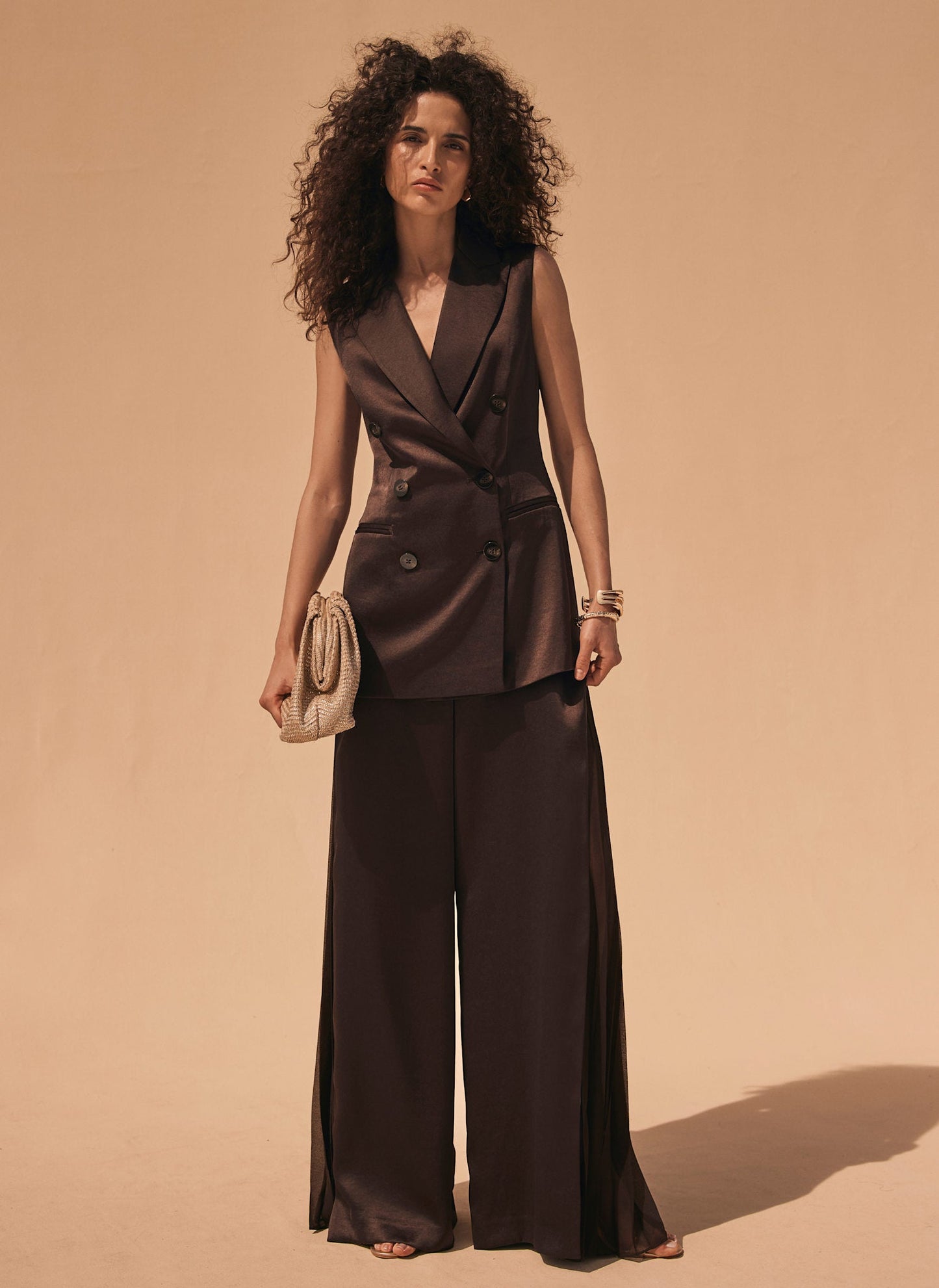 Brown Satin Side Pleat Wide Trousers