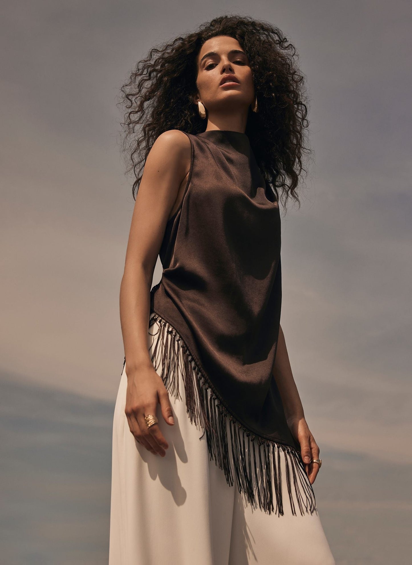 Brown Satin Tassle Top