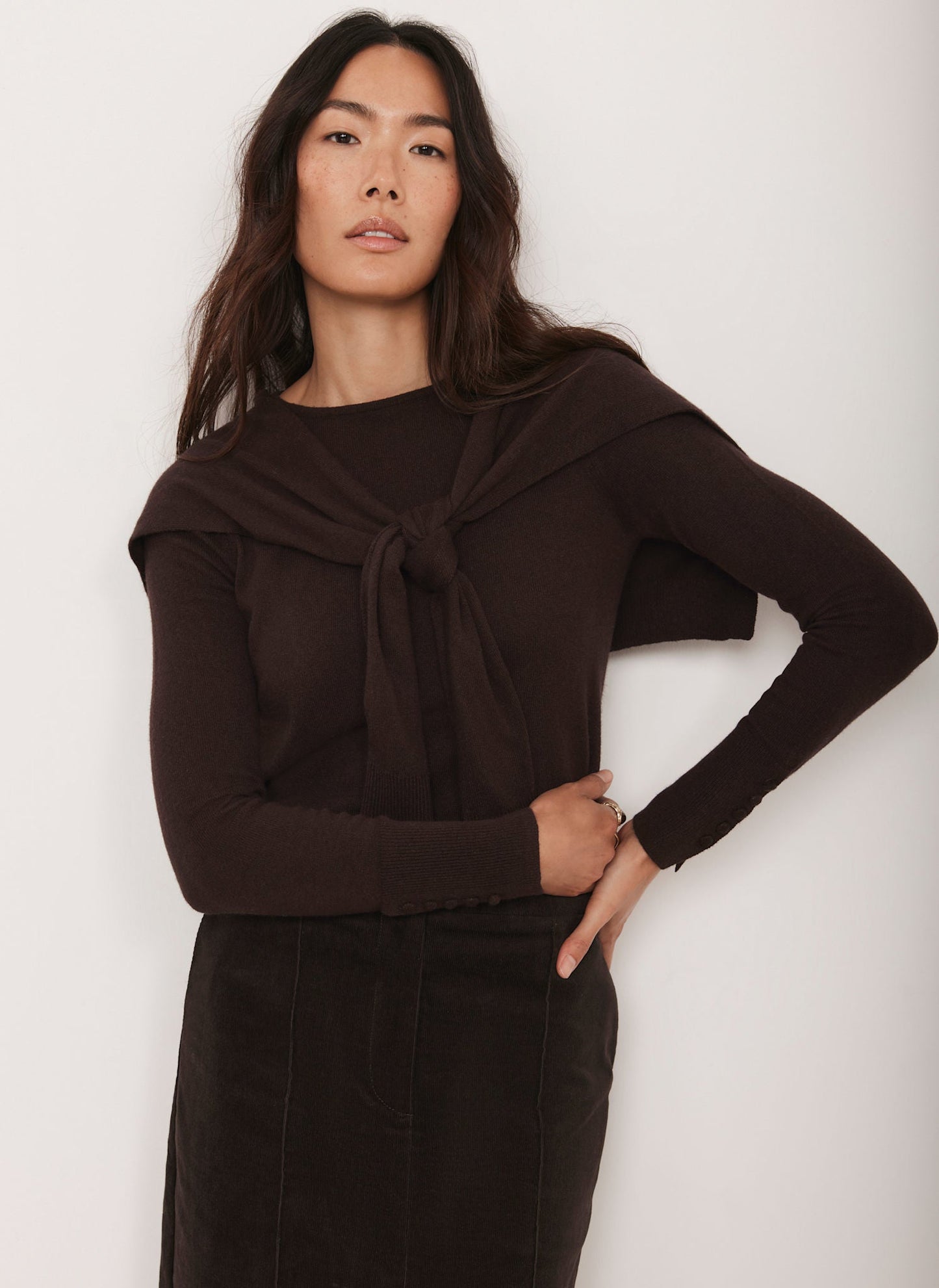 Brown Cotton Blend Scarf Detail Knit Jumper