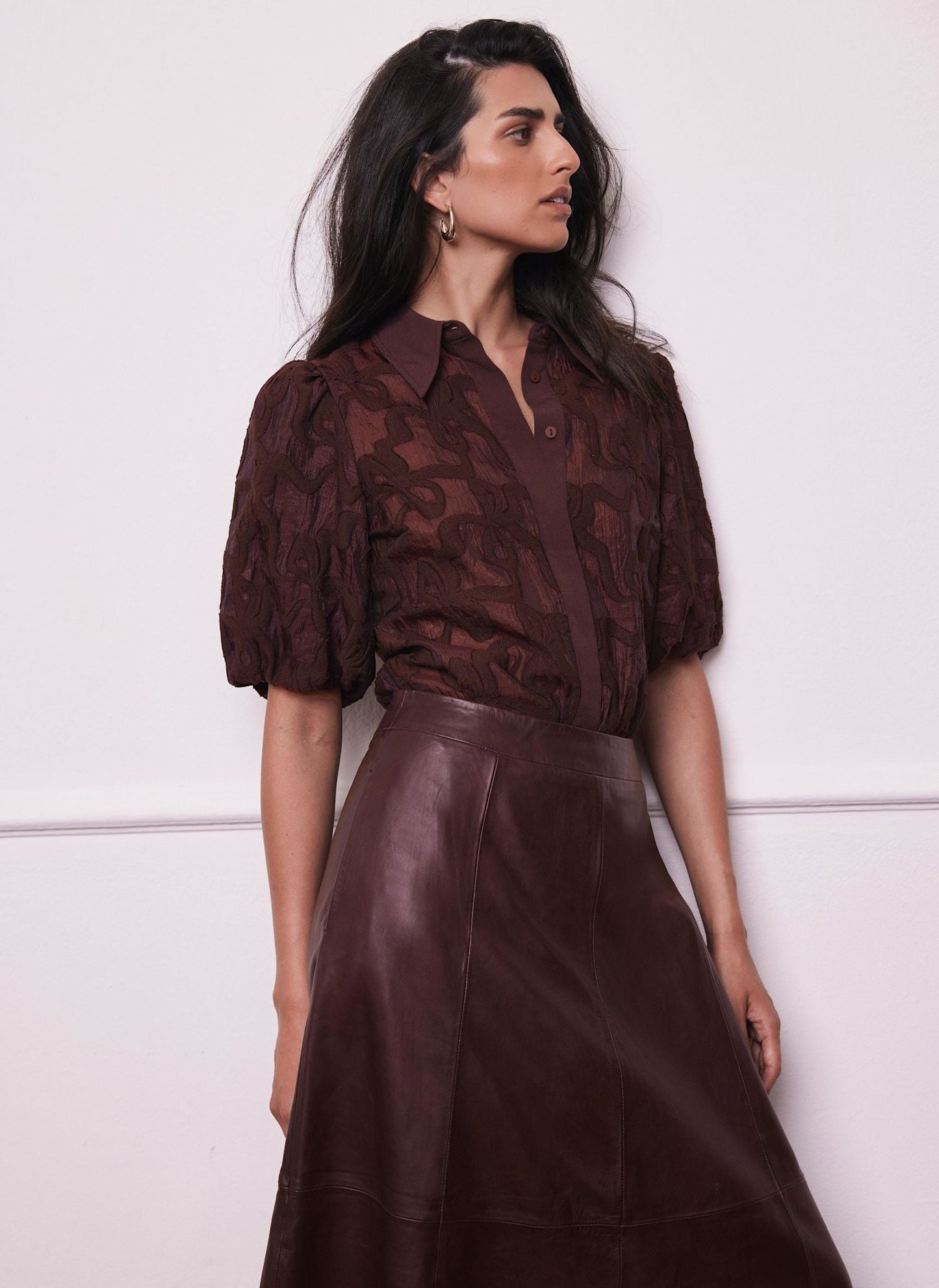 Burgundy Jacquard Puff Sleeve Shirt
