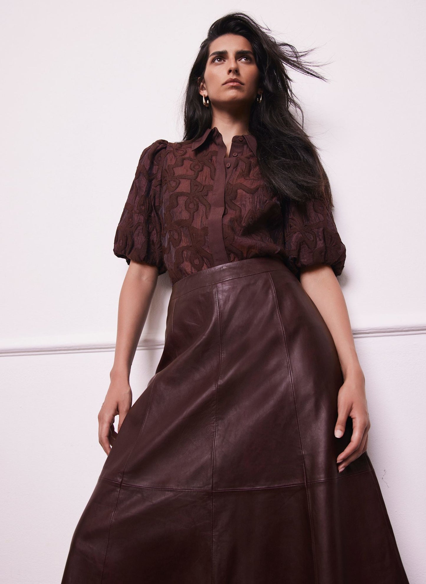 Burgundy Jacquard Puff Sleeve Shirt