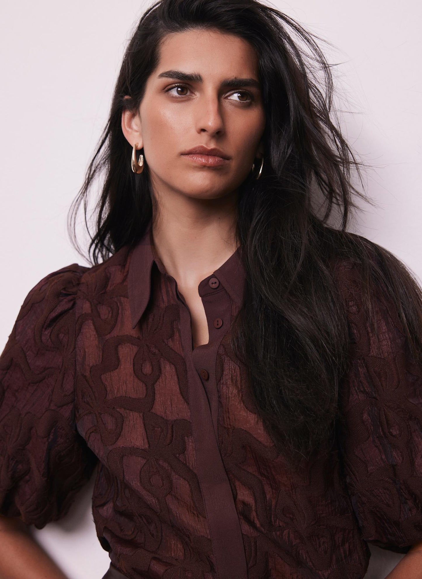 Burgundy Jacquard Puff Sleeve Shirt
