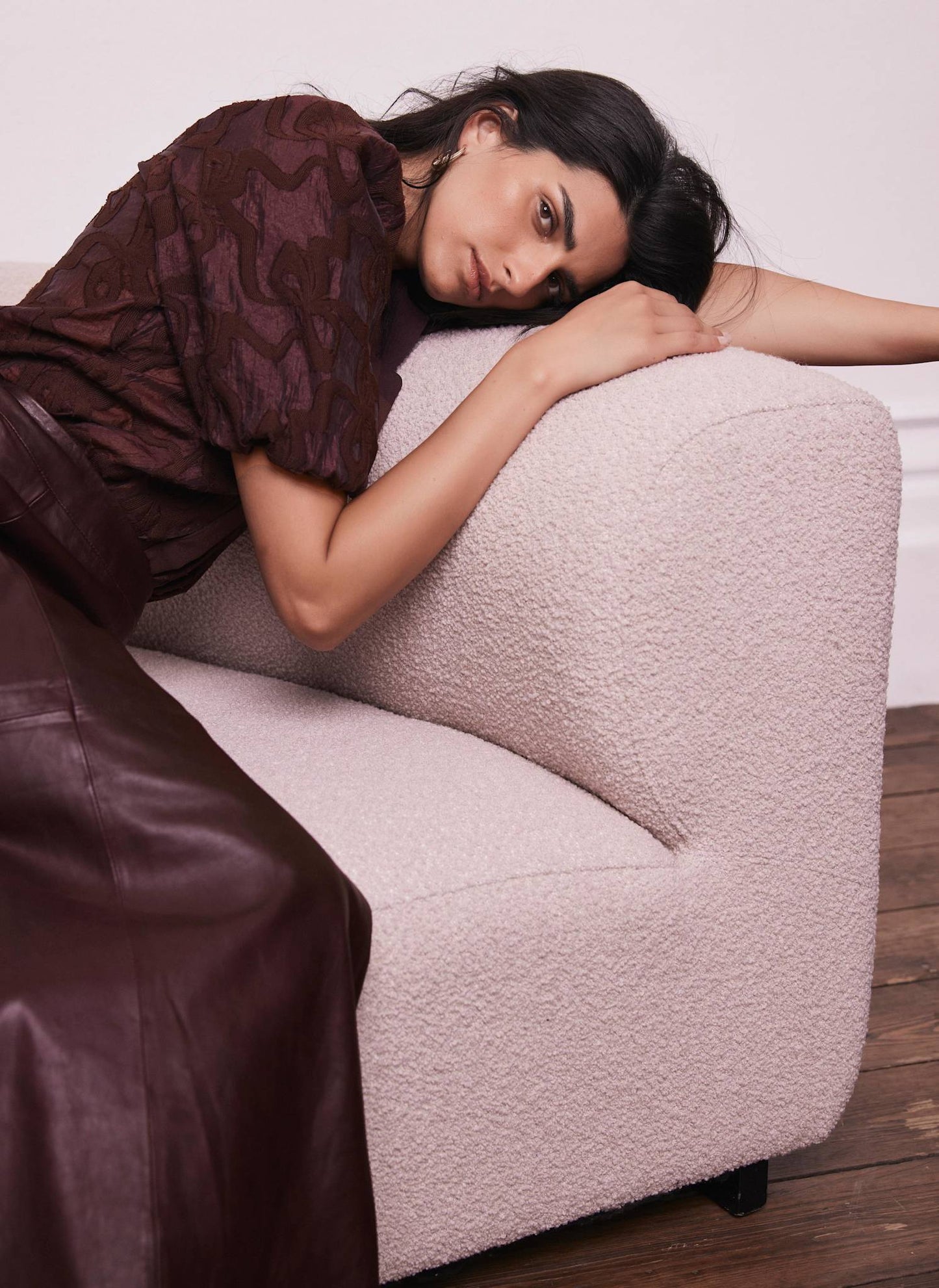 Burgundy Jacquard Puff Sleeve Shirt