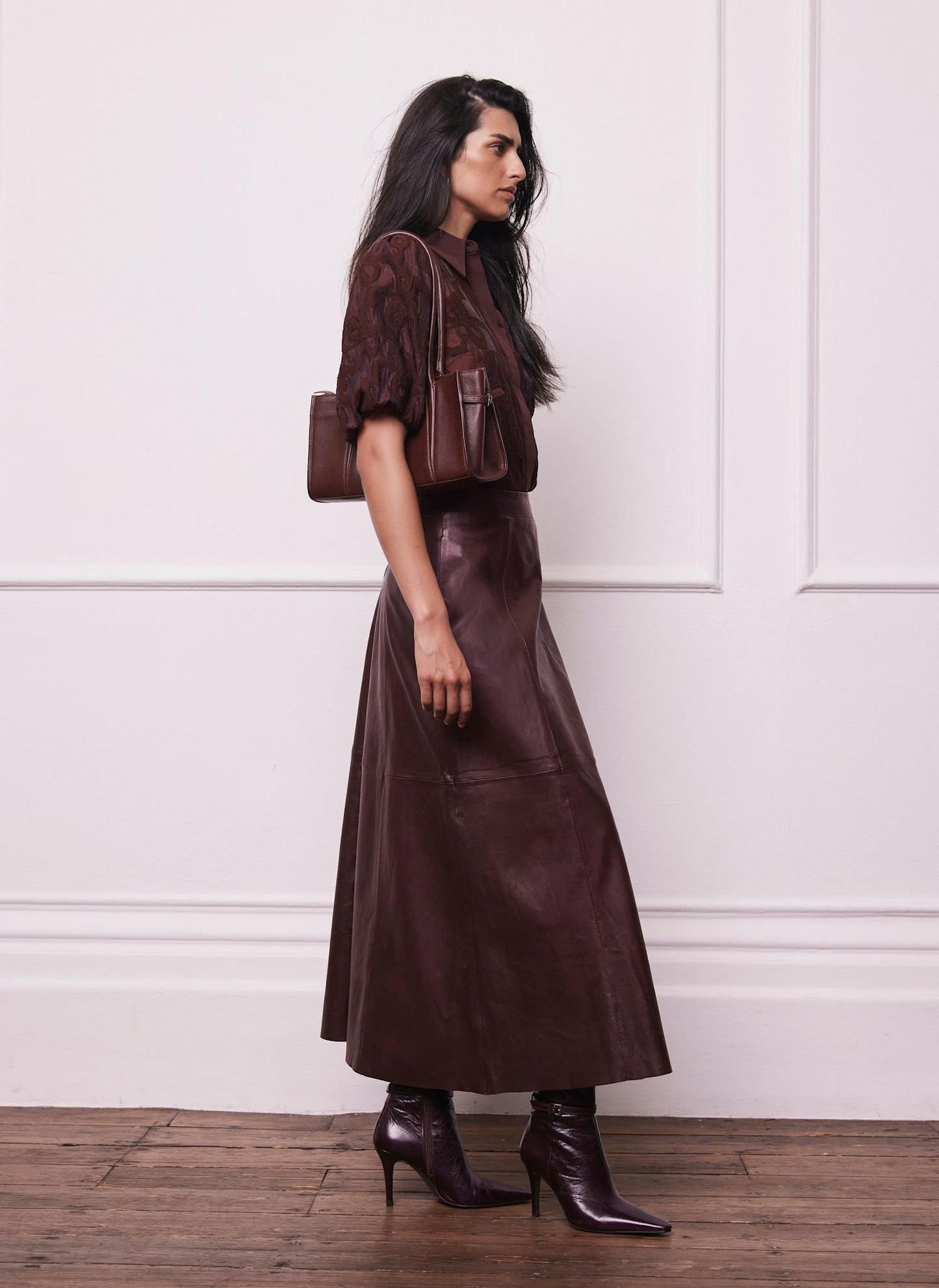 Burgundy Jacquard Puff Sleeve Shirt