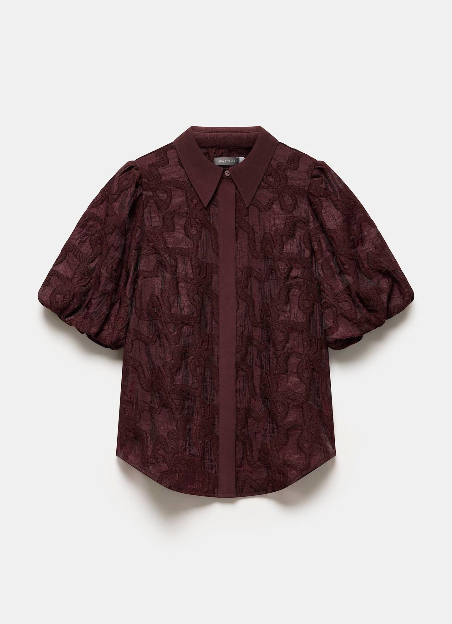 Burgundy Jacquard Puff Sleeve Shirt