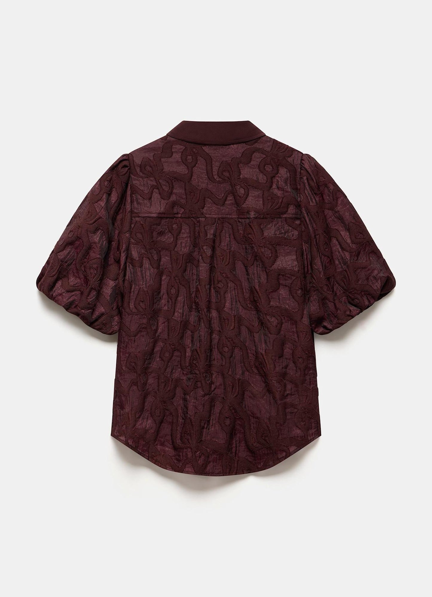 Burgundy Jacquard Puff Sleeve Shirt