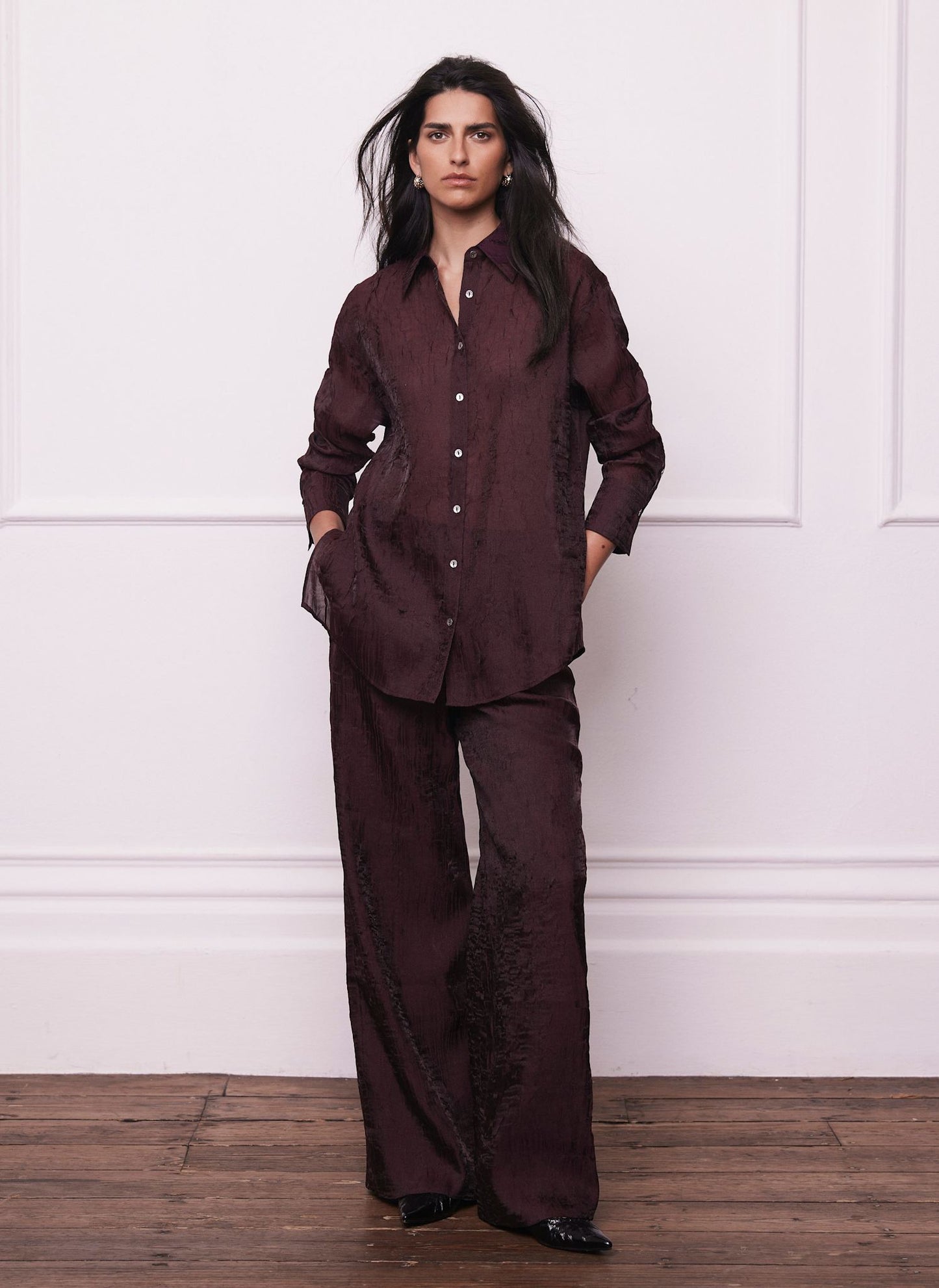 Burgundy Crinkle Textured Wide Trousers
