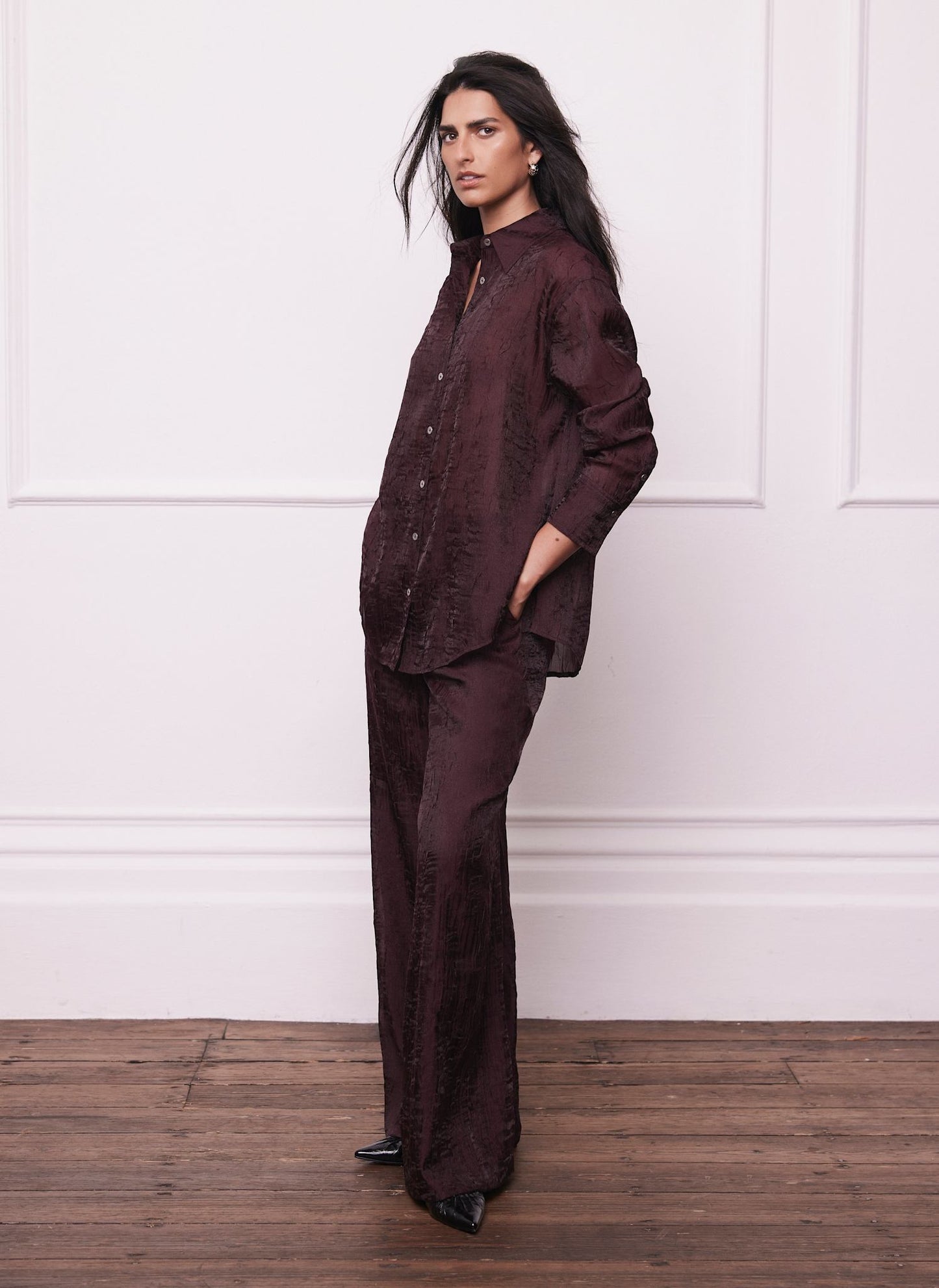 Burgundy Crinkle Textured Wide Trousers