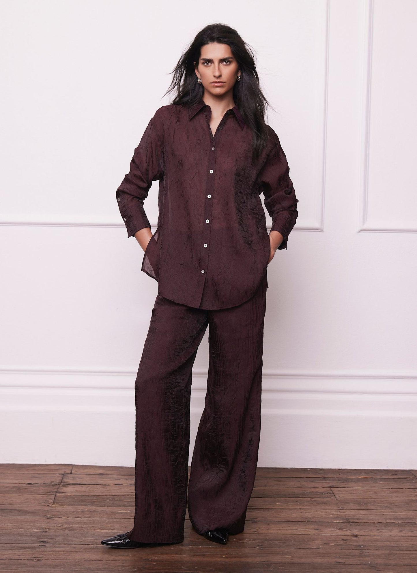 Burgundy Crinkle Textured Wide Trousers