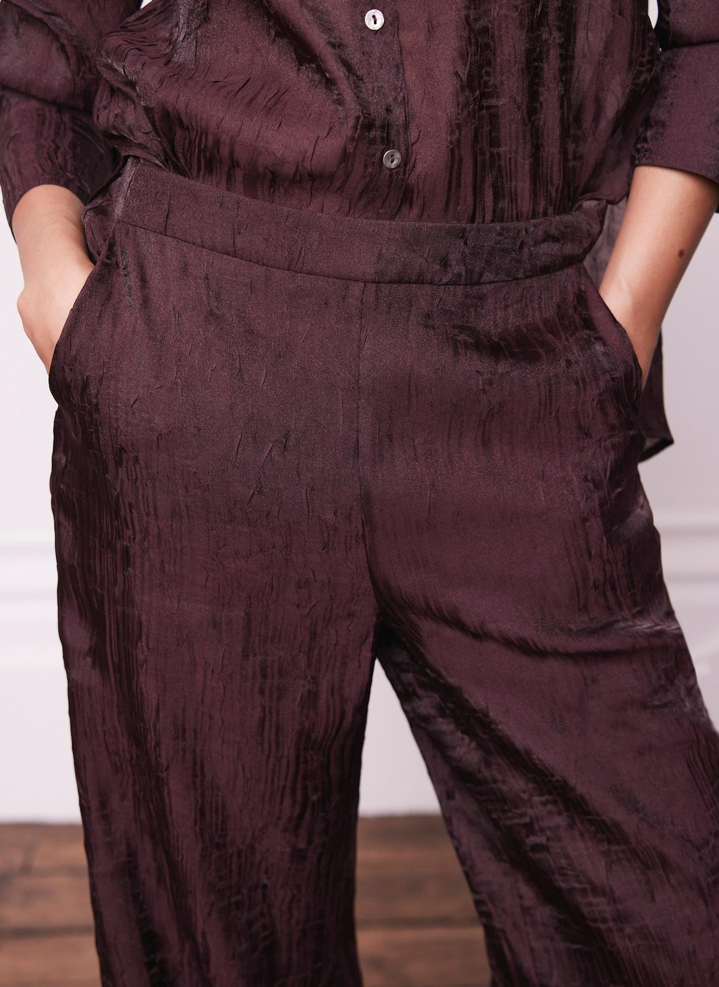 Burgundy Crinkle Textured Wide Trousers