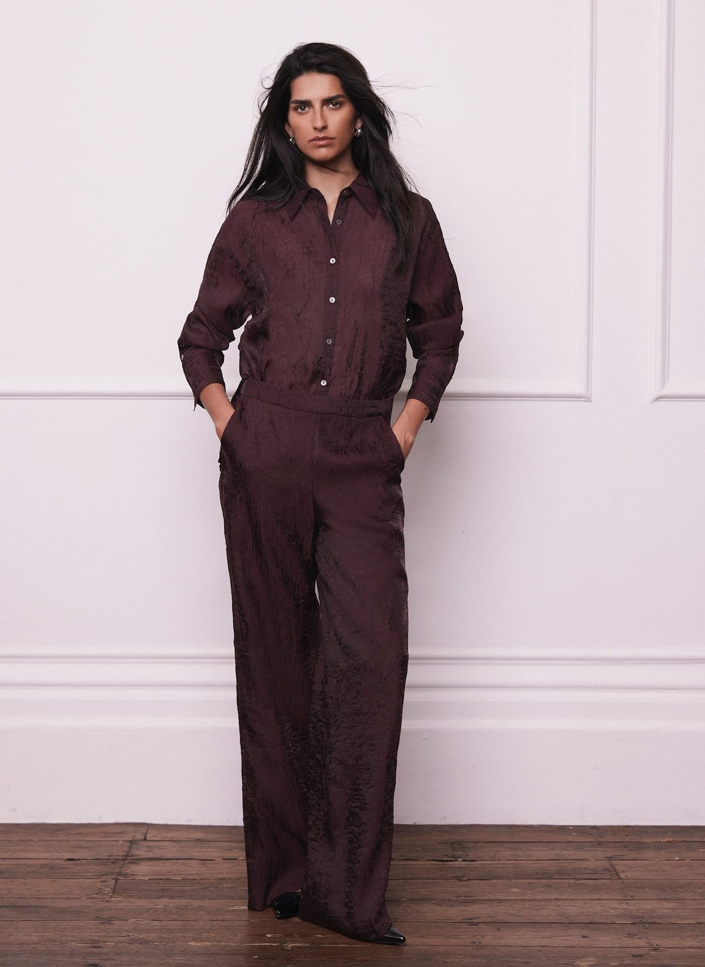 Burgundy Crinkle Textured Wide Trousers