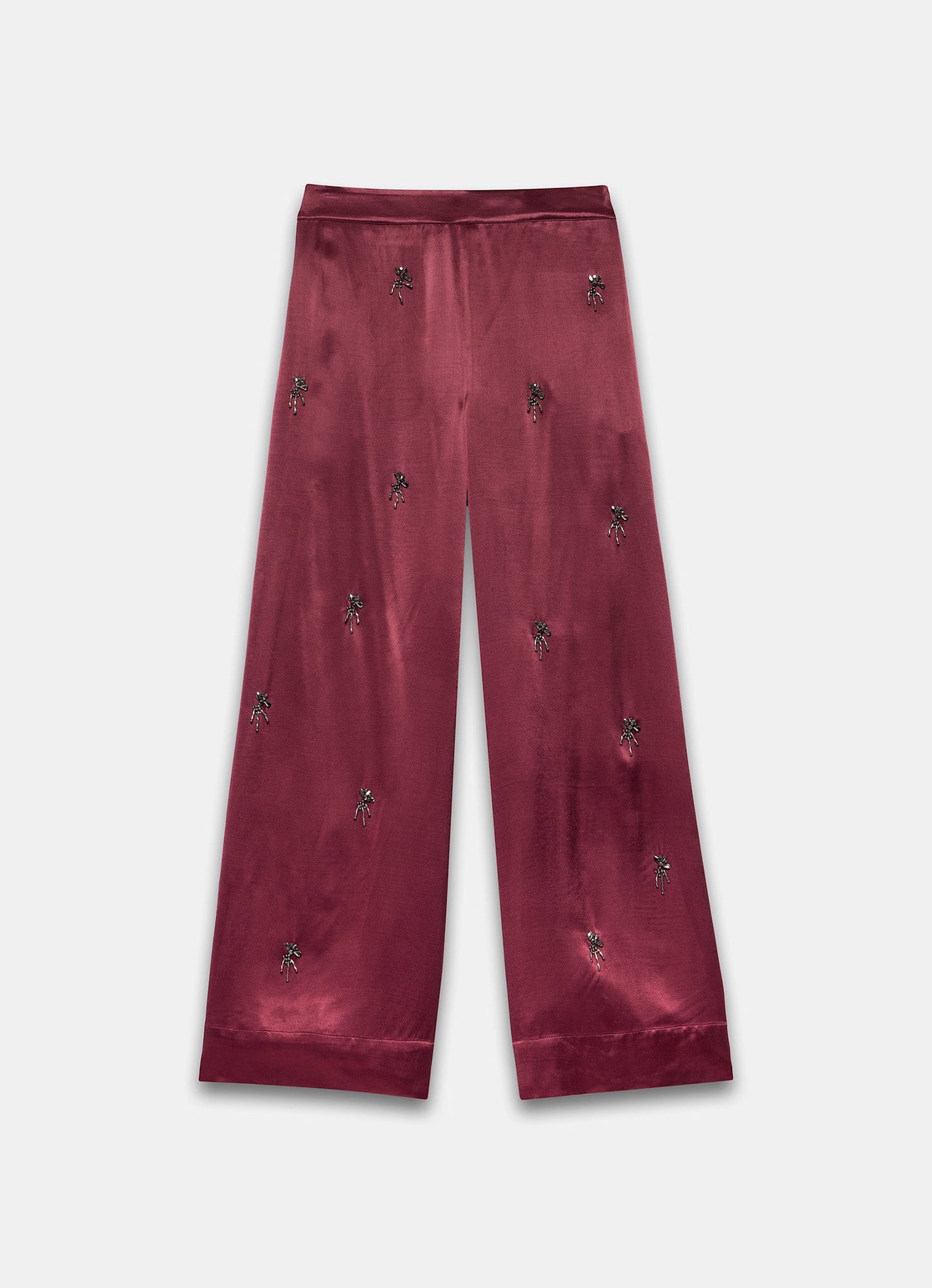 Burgundy Satin Embellished Wide Trousers