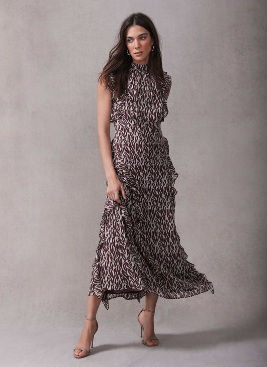 Burgundy Leaf Print Maxi Dress