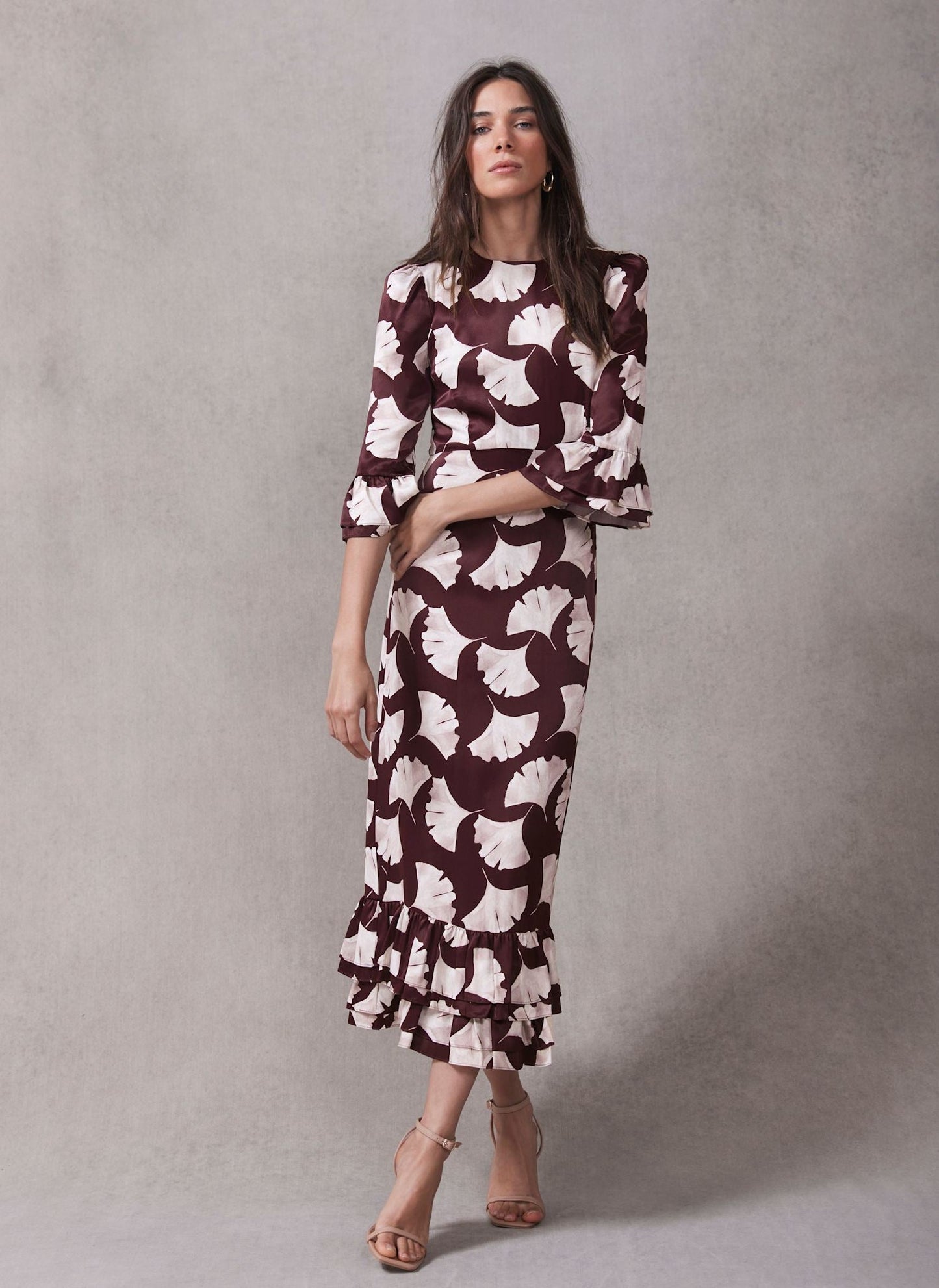Burgundy Leaf Print Midi Dress