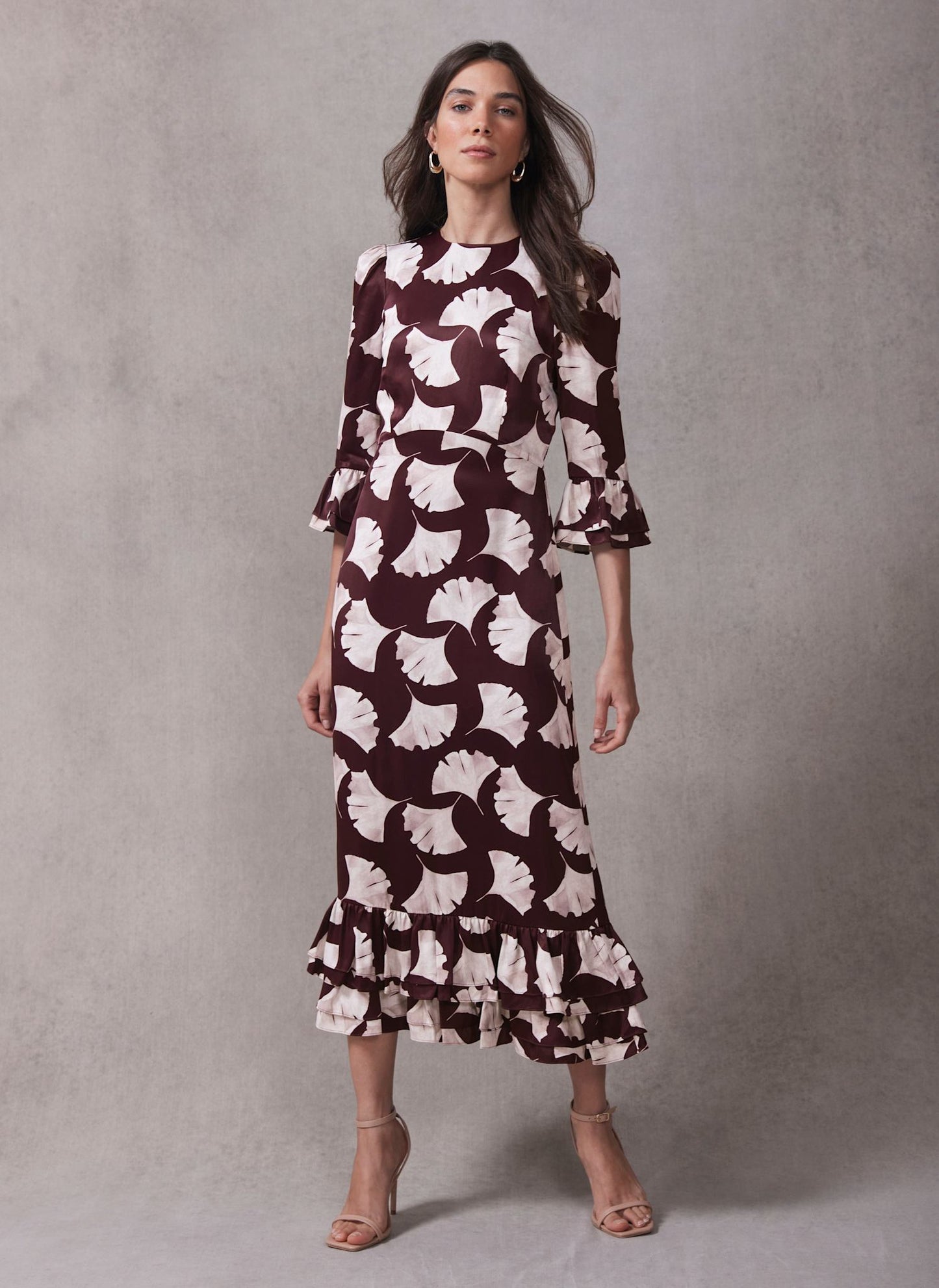 Burgundy Leaf Print Midi Dress