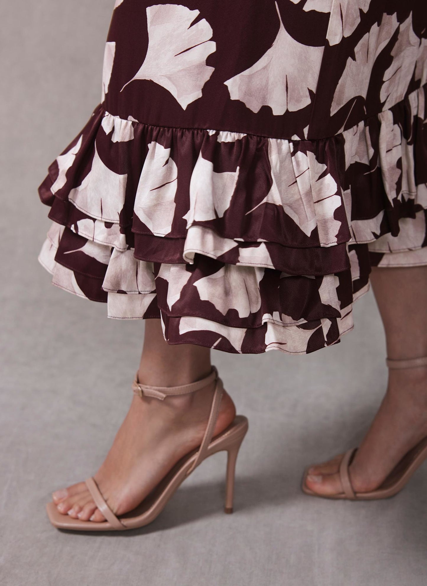 Burgundy Leaf Print Midi Dress