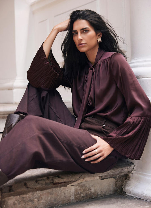 Burgundy Satin Tie Neck Blouse