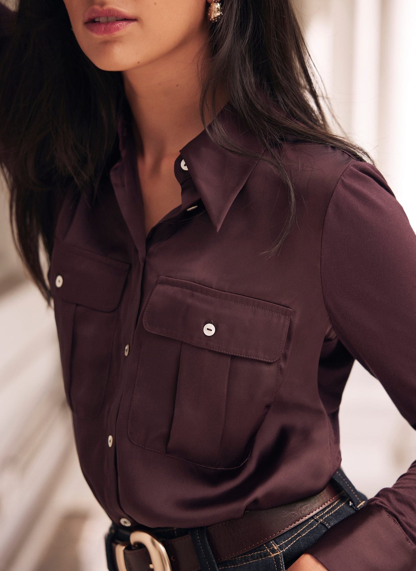 Burgundy Satin Utility Shirt