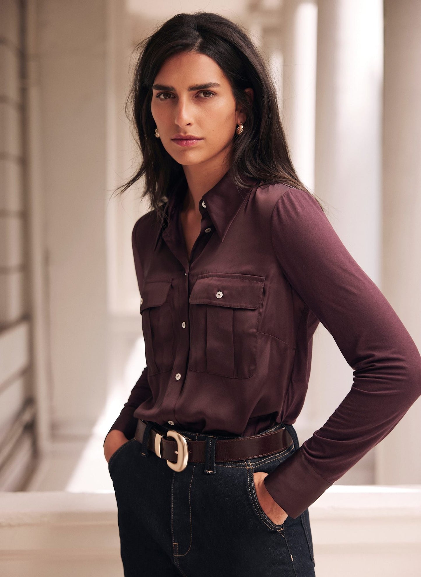 Burgundy Satin Utility Shirt