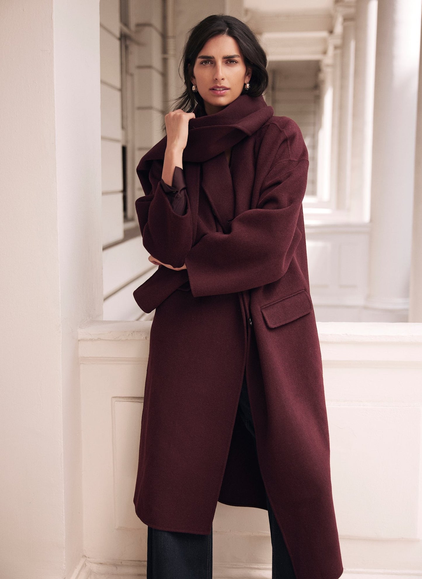 Burgundy Scarf Detail Coat