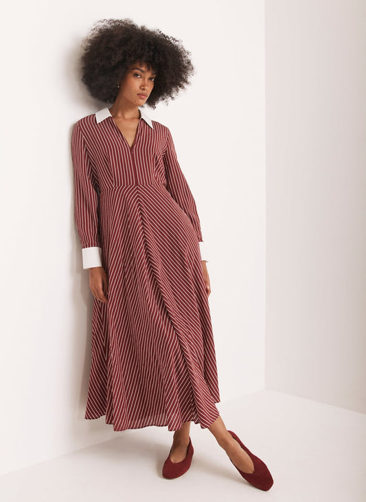 Burgundy Striped Maxi Shirt Dress