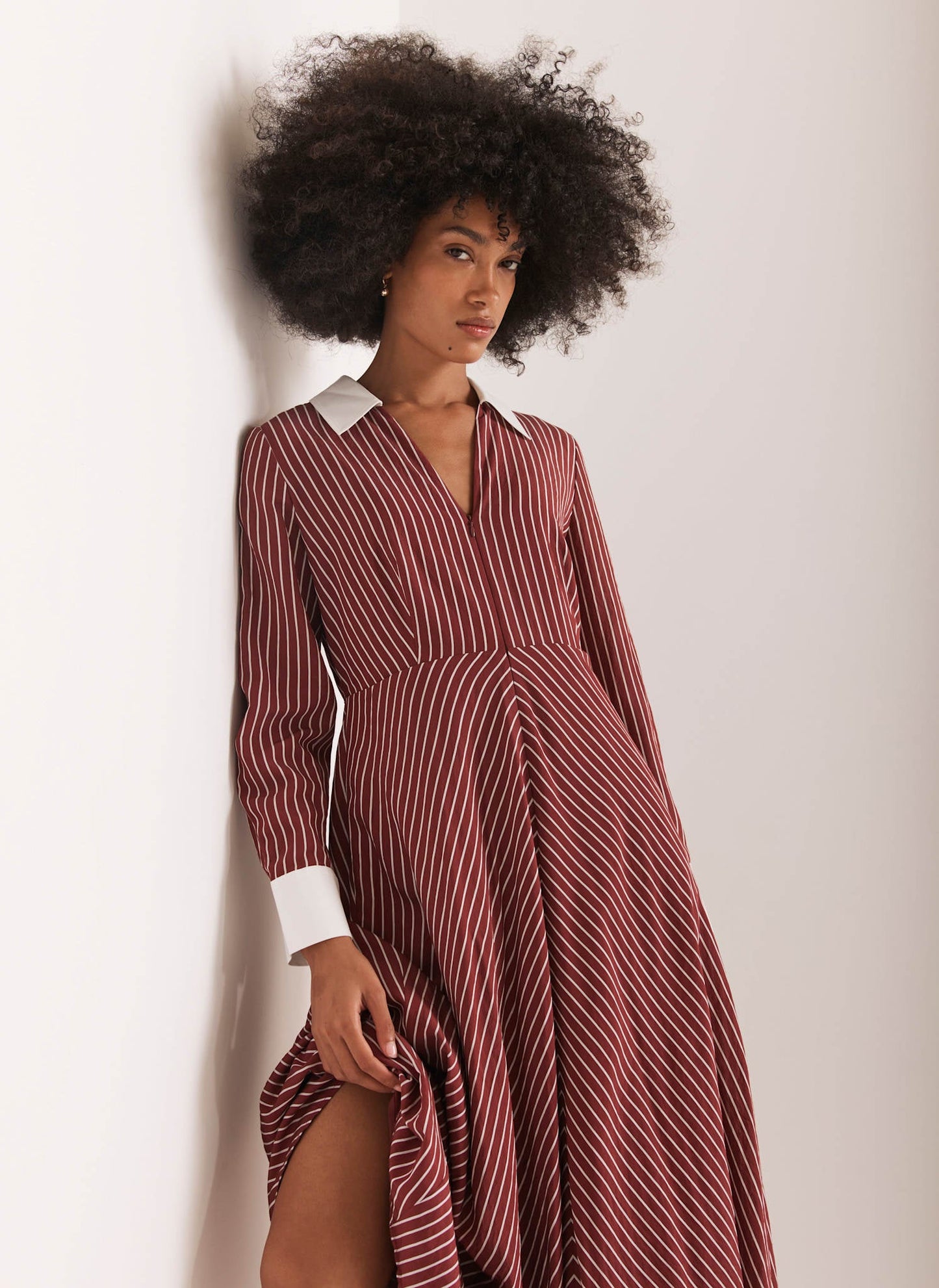 Burgundy Striped Maxi Shirt Dress