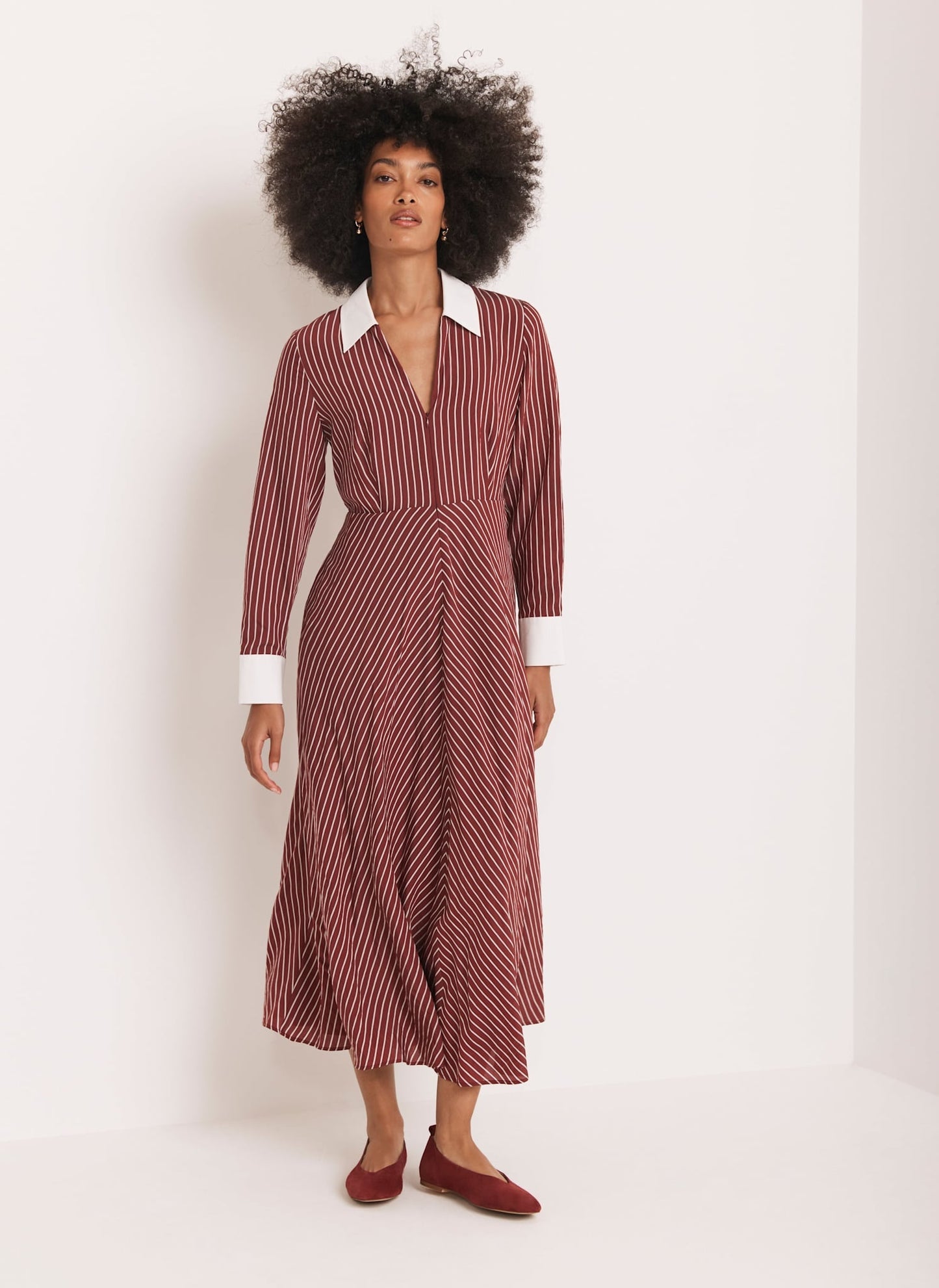 Burgundy Striped Maxi Shirt Dress