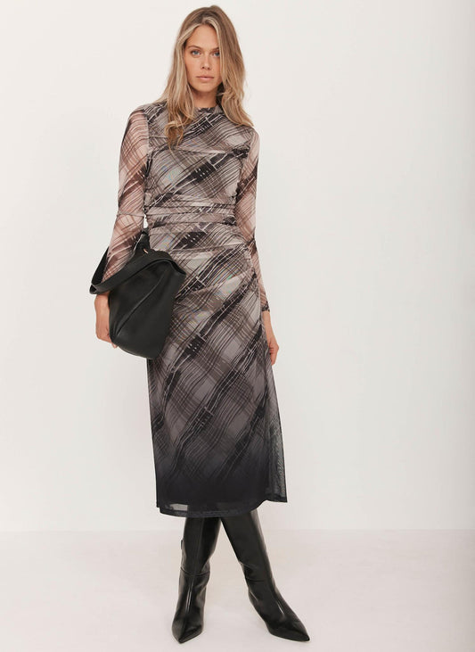 Brown Checked Print Ombre Mesh Midi Dress