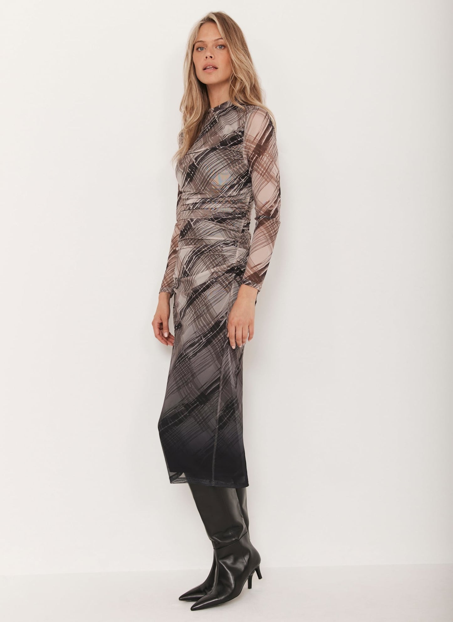 Brown Checked Print Ombre Mesh Midi Dress