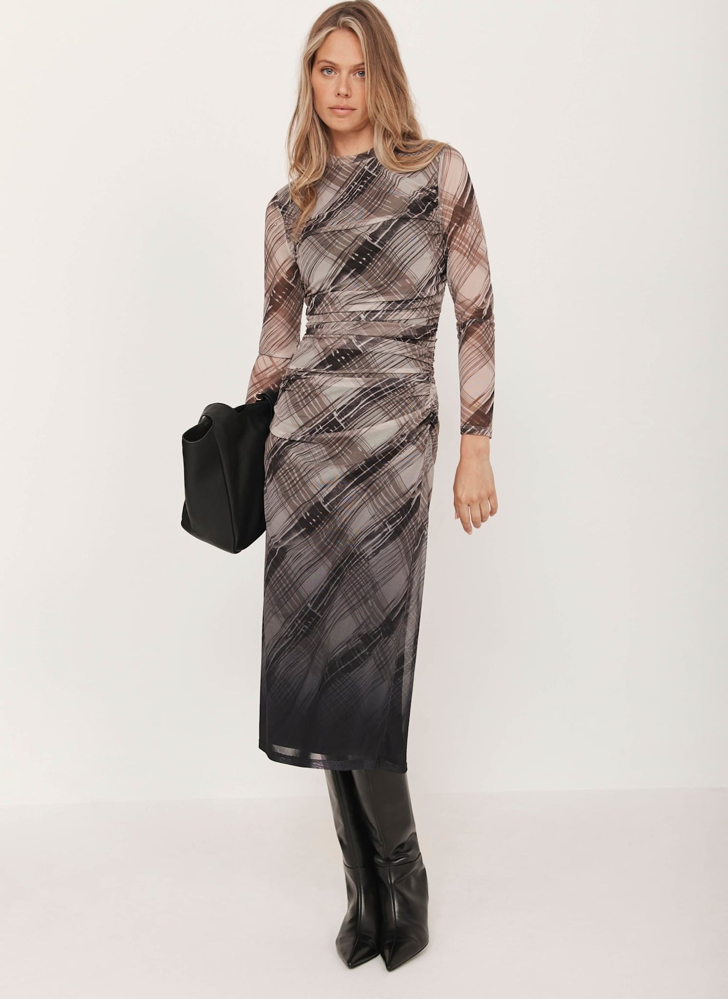 Brown Checked Print Ombre Mesh Midi Dress