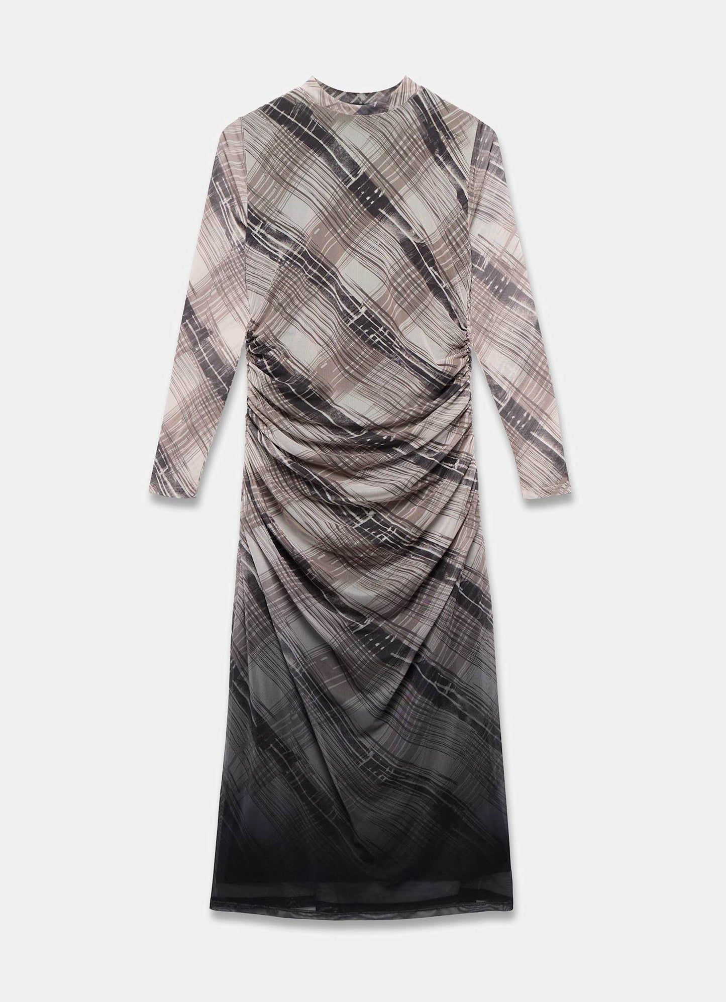 Brown Checked Print Ombre Mesh Midi Dress