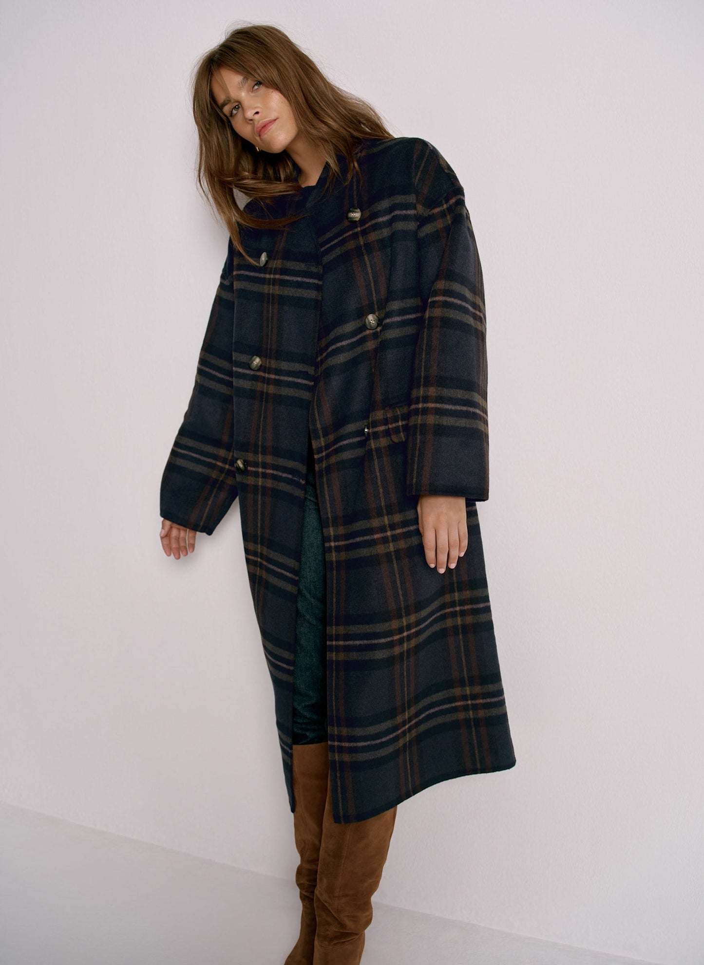 Navy Check Hand Finished Scarf Detail Coat