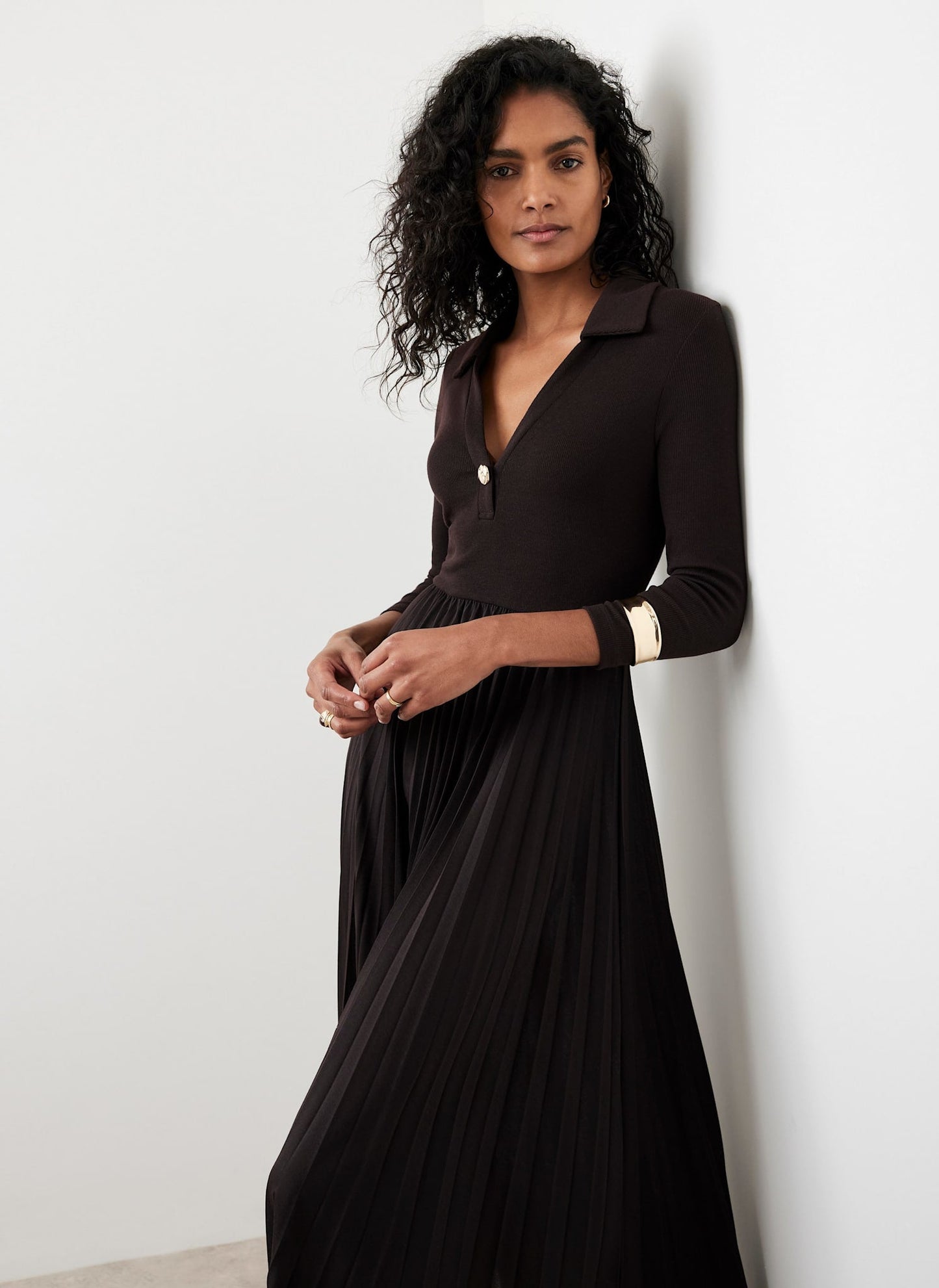 Brown Jersey Collar Midi Dress