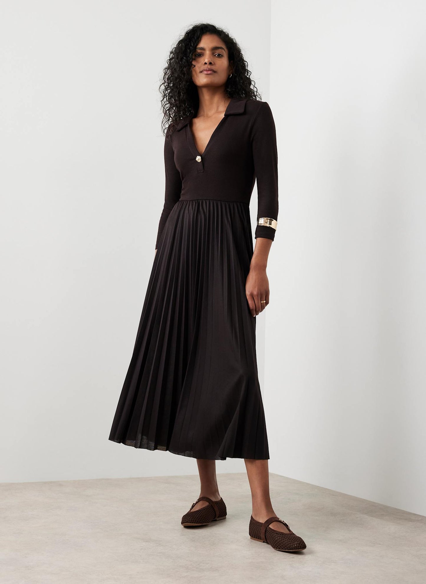 Brown Jersey Collar Midi Dress