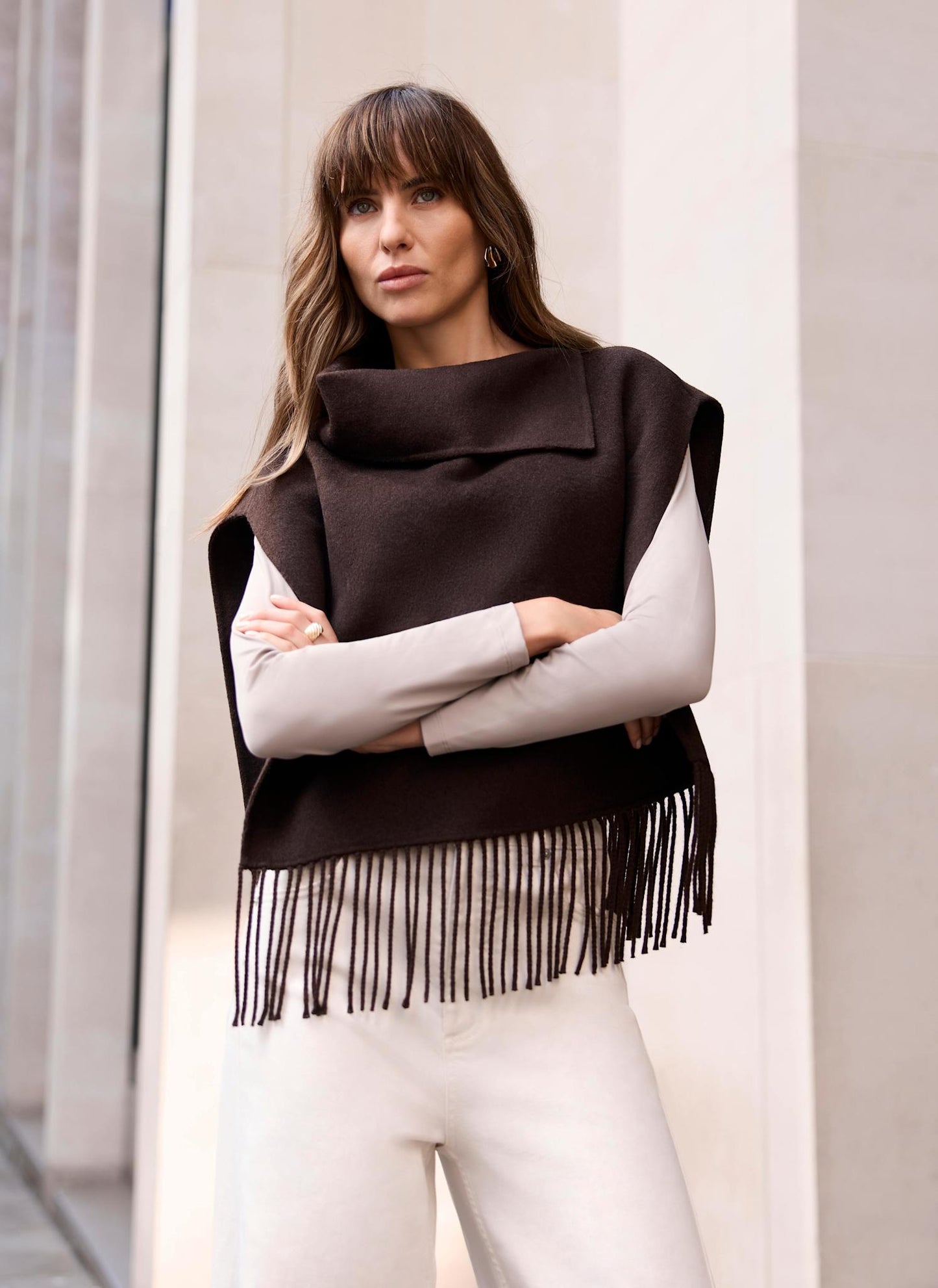 Brown Wool Blend Fringed Poncho